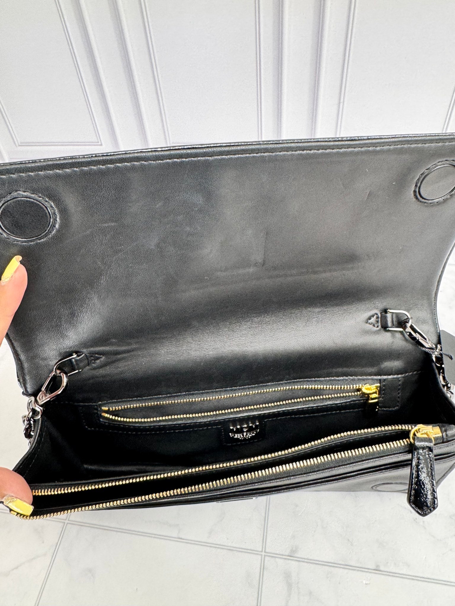 MCM Black Satin And Leather Crystal Embellished Chain Shoulder Bag