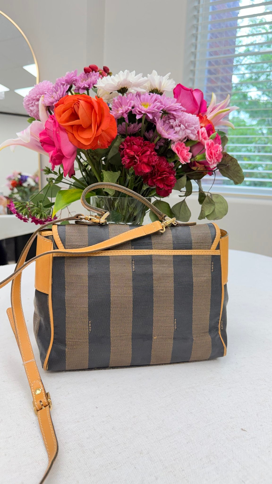 Fendi Vintage Brown Stripe Canvas Sequin Top Handle Bag