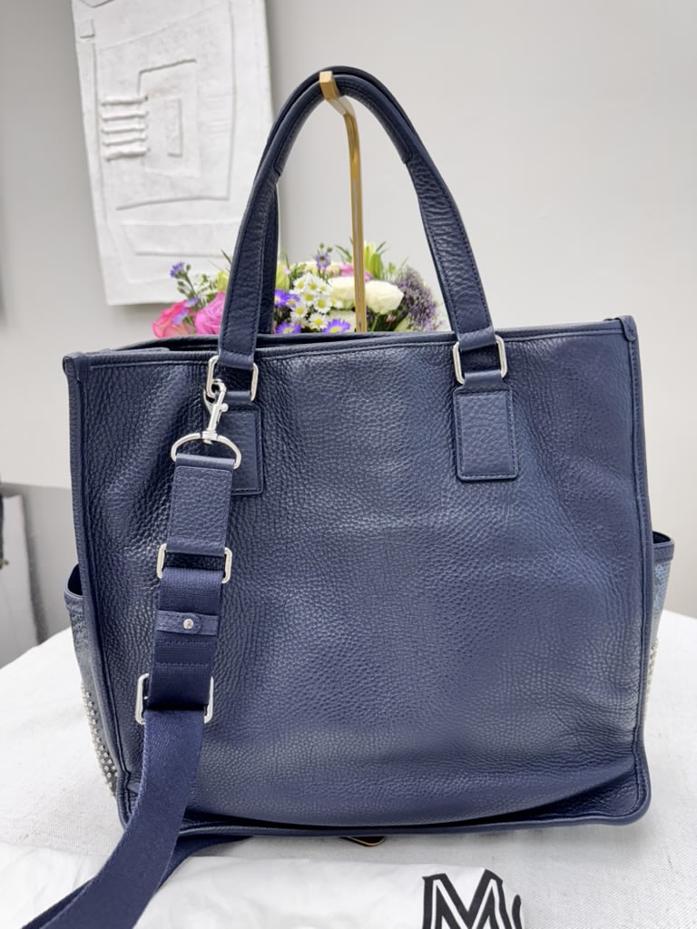 MCM Navy Blue Grained Leather Tote Bag