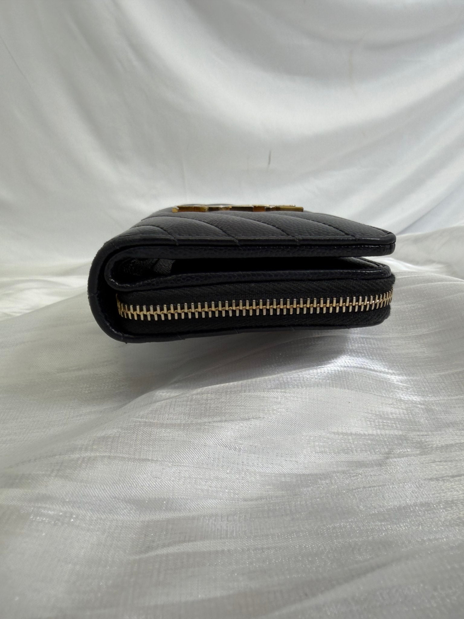 Saint Laurent YSL Black Pebbled Leather Compact Zip Around Wallet