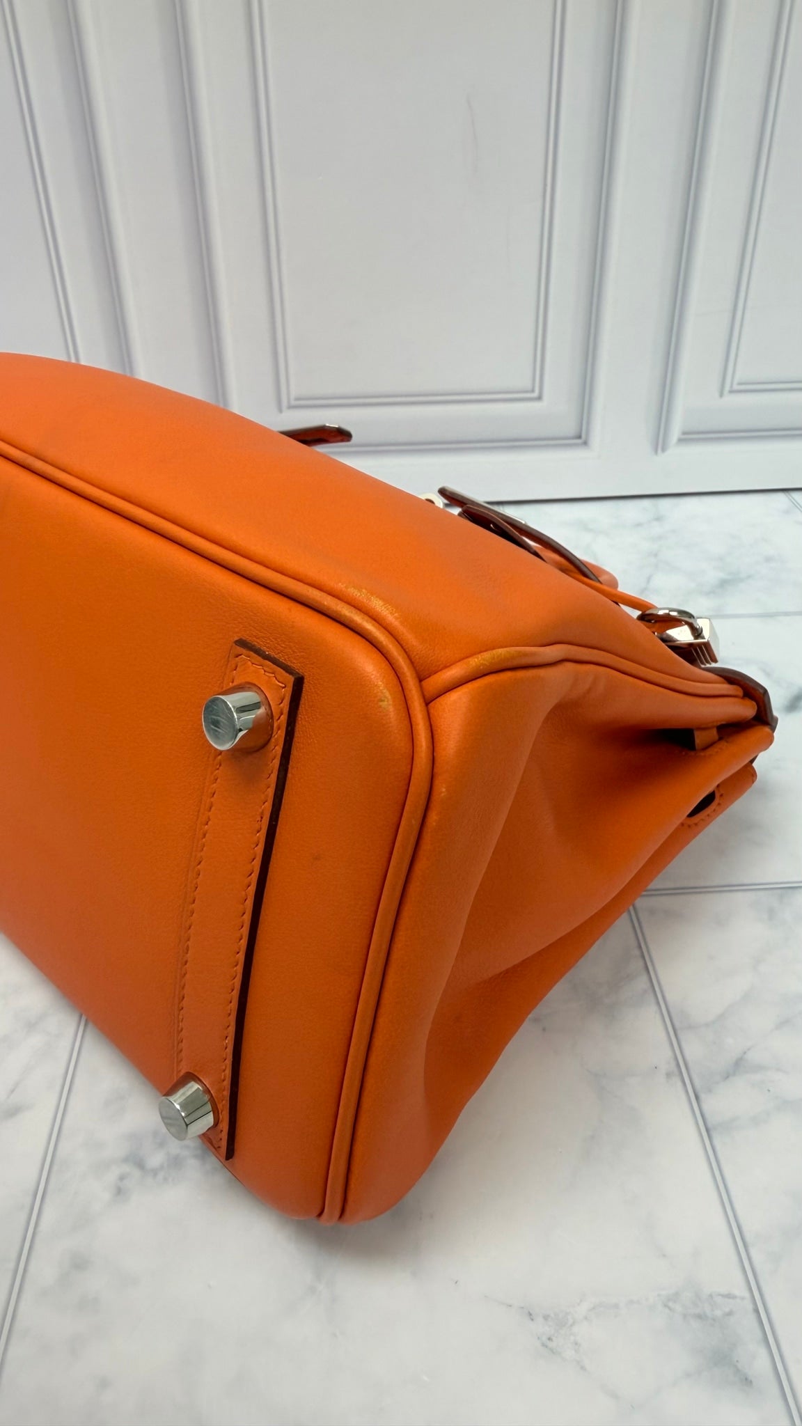 Hermes Orange Swift Leather Birkin 25 with Multicolor Silk Twilly