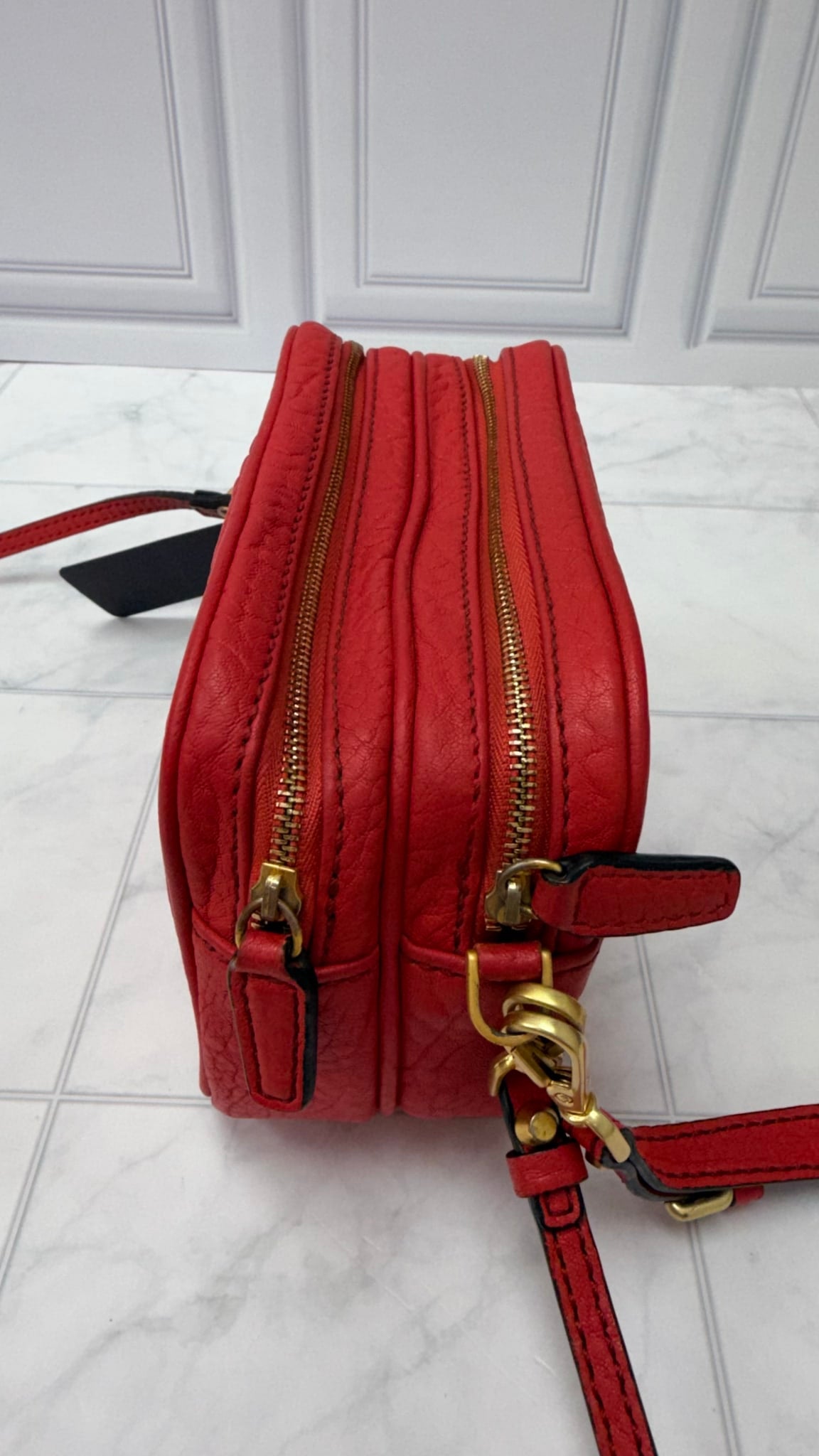 MCM Red Textured Leather Double Zip Camera Bag