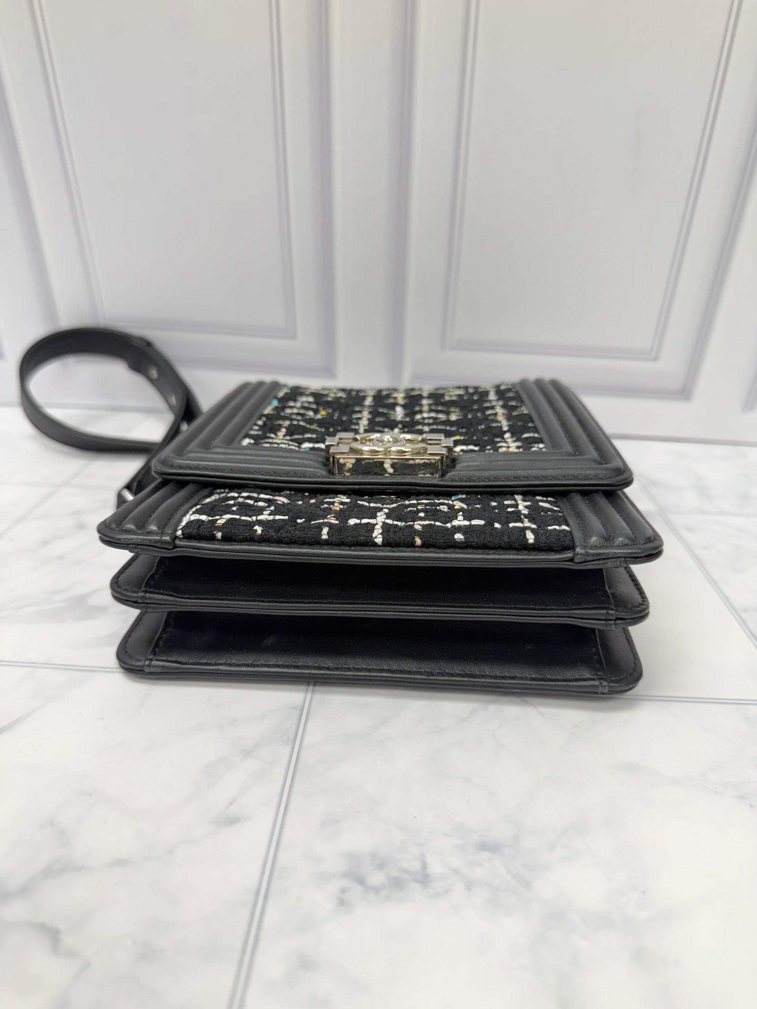 Chanel Black Tweed North South Boy Flap Bag