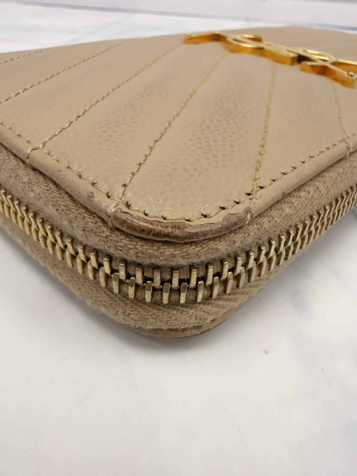 Saint Laurent YSL Tan Grained Calfskin Cassandre Matelasse Zip Around Wallet
