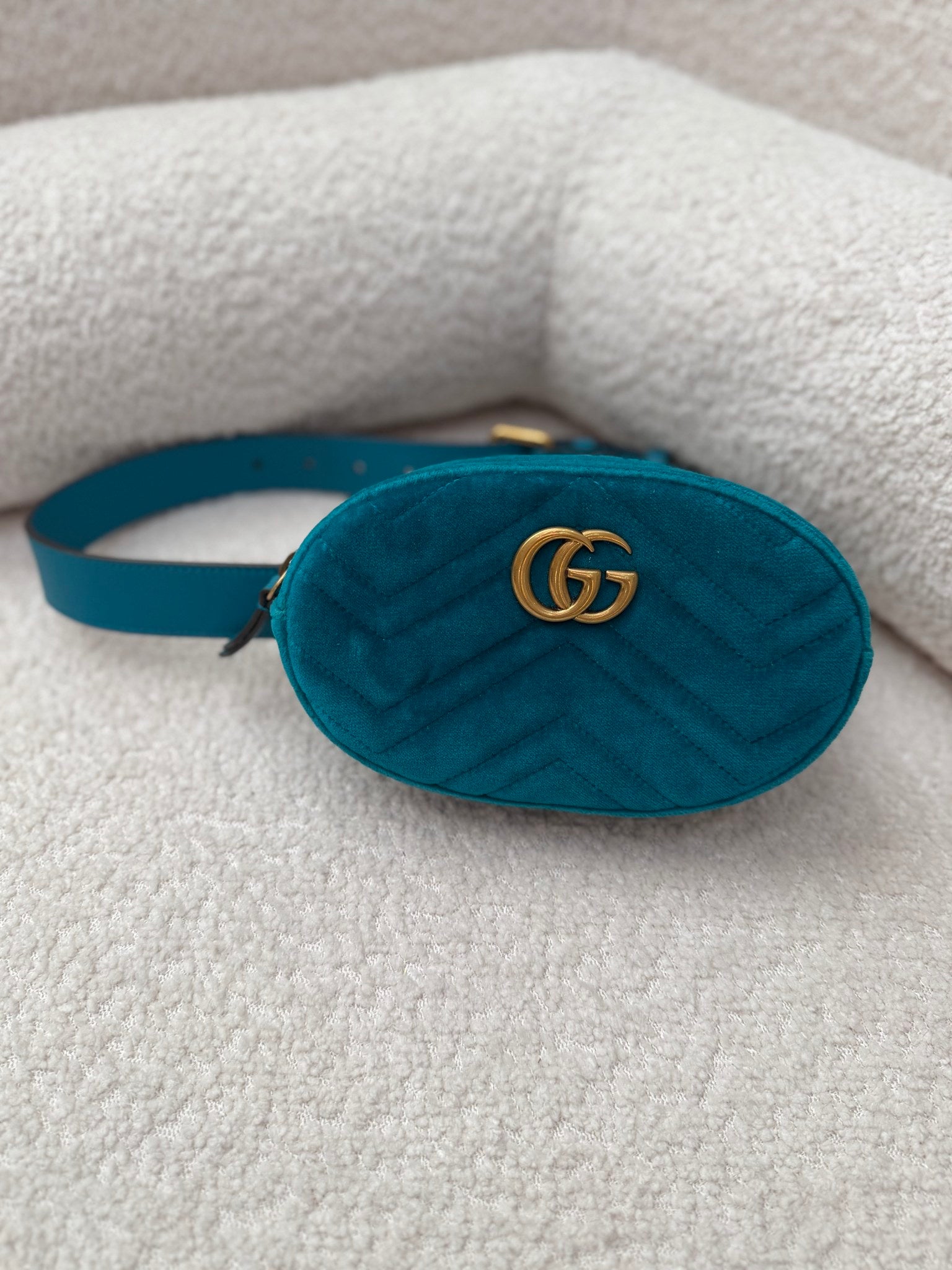 Gucci Teal Velvet Marmont Belt Bag - Size 75