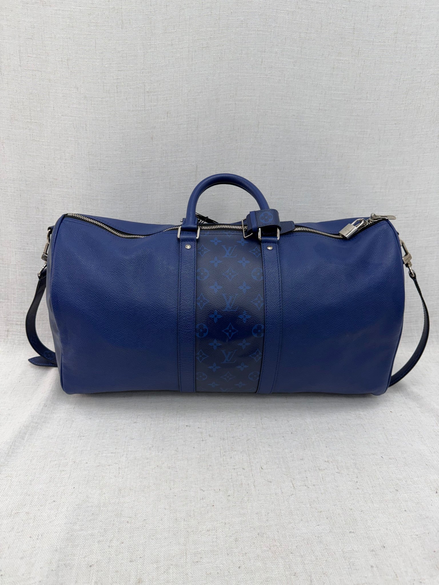 Louis Vuitton Cobalt Blue Monogram & Taiga Keepall Bandouliere 50