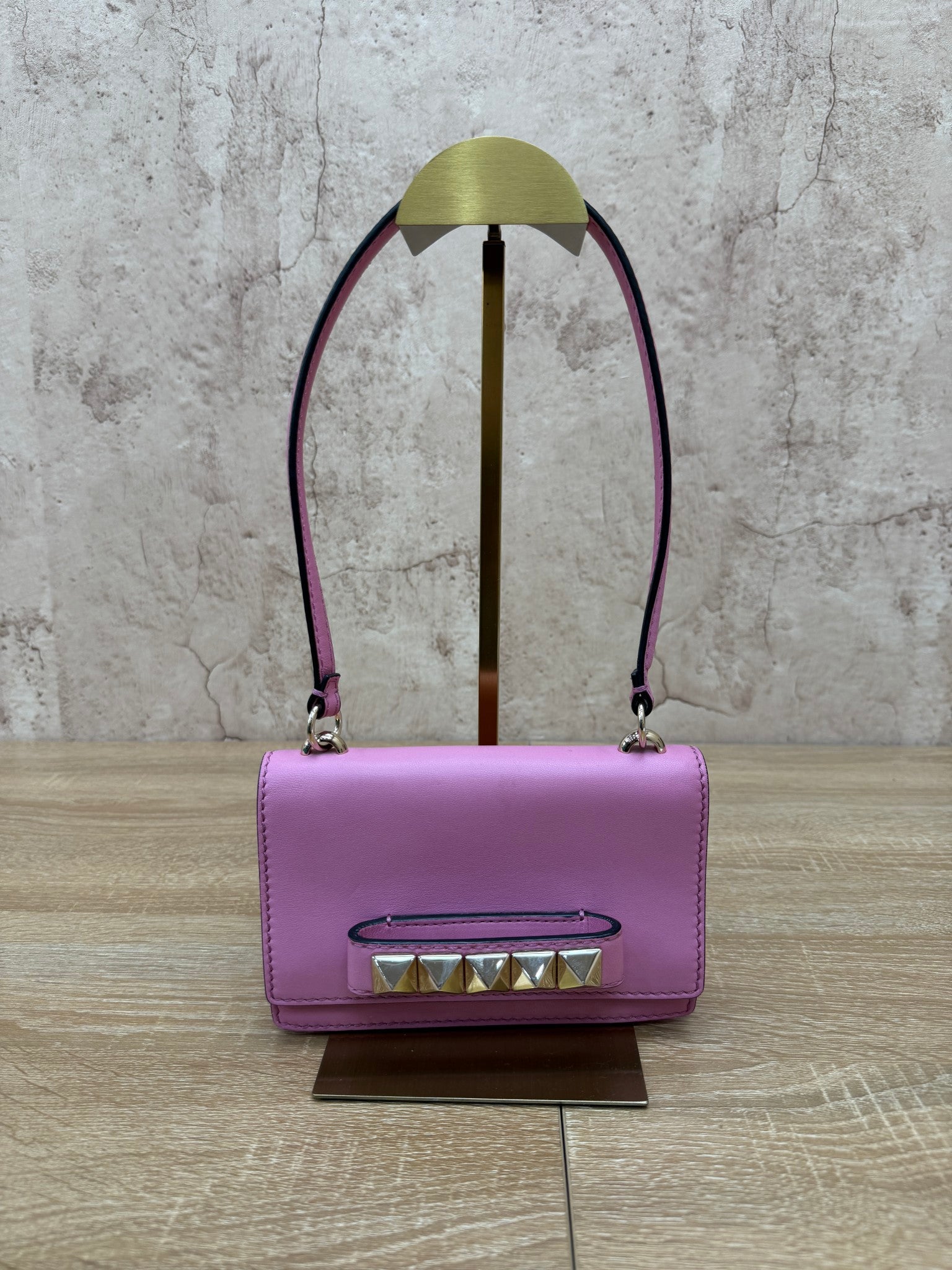 Valentino Pink Leather Rockstud Va Va Voom Shoulder Clutch