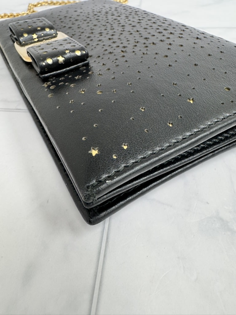 Salvatore Ferragamo Black Leather And Gold Perforated Stars Vara Wallet On A Chain