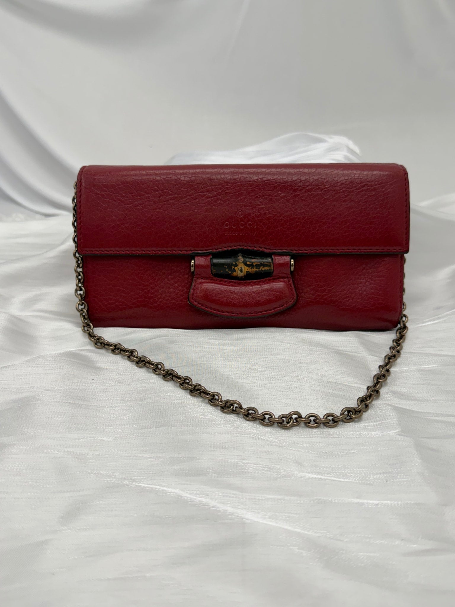 Gucci Red Leather Bamboo Wallet on a Chain