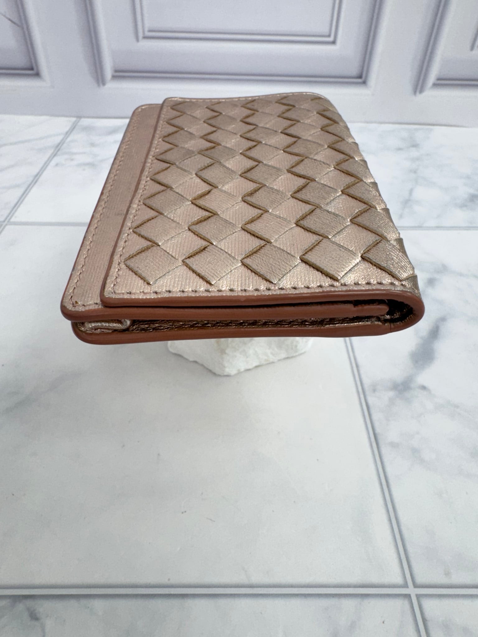 Bottega Veneta Metallic Pink Intrecciato Leather Card Case