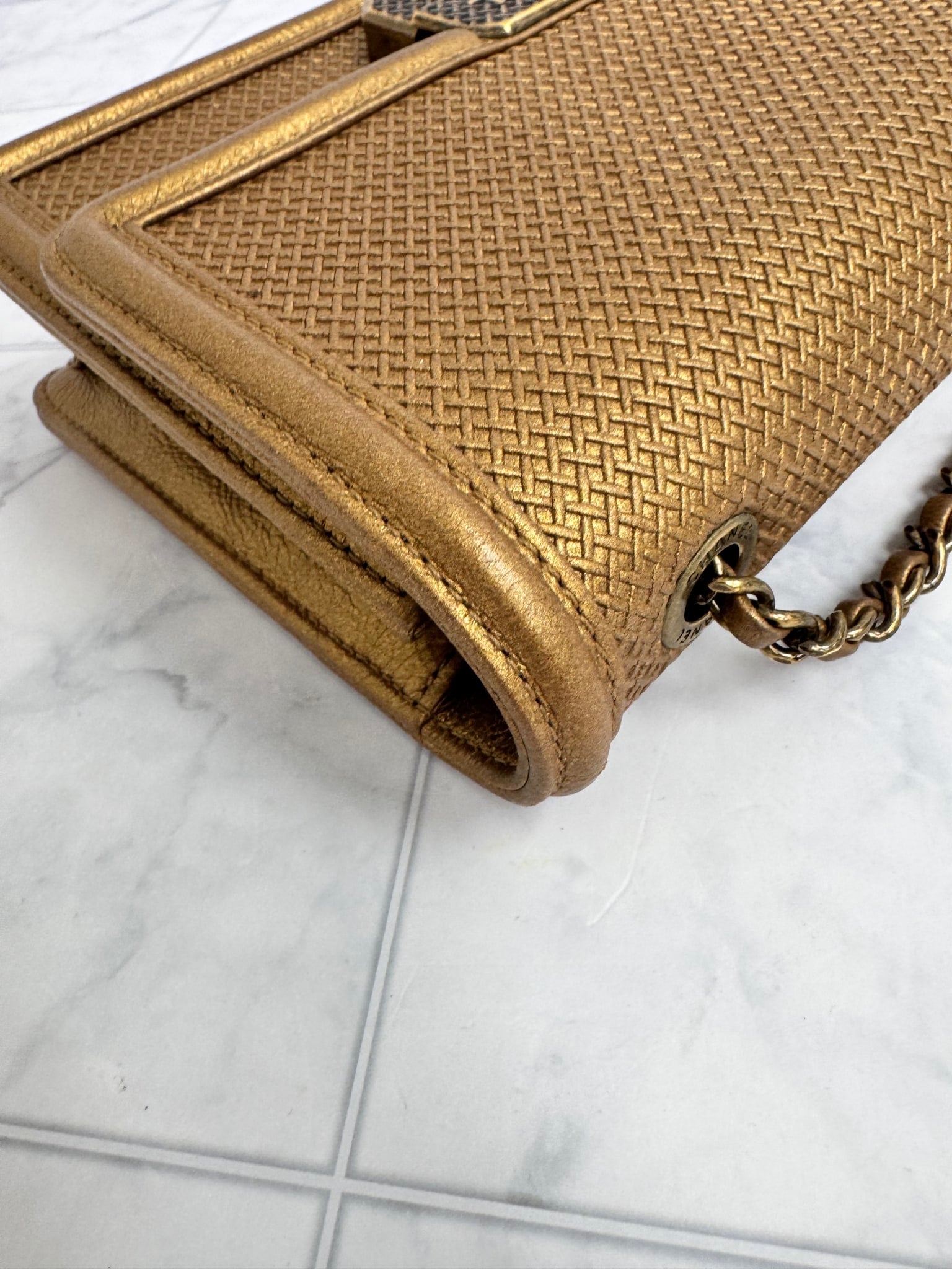 Chanel Gold Woven Texture Small Boy Flap Bag