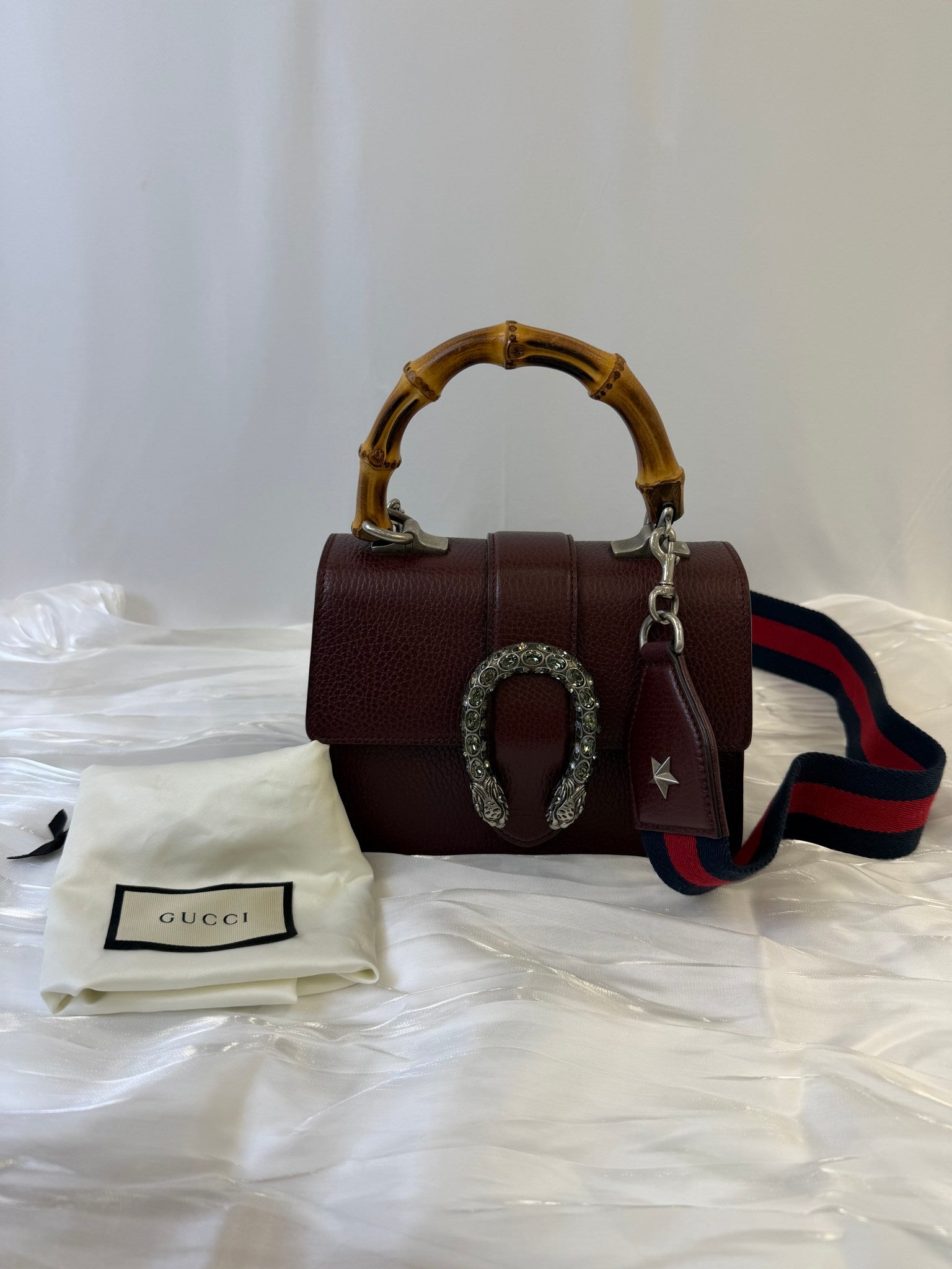Gucci Burgundy Leather Dionysus Bamboo Top Handle Bag
