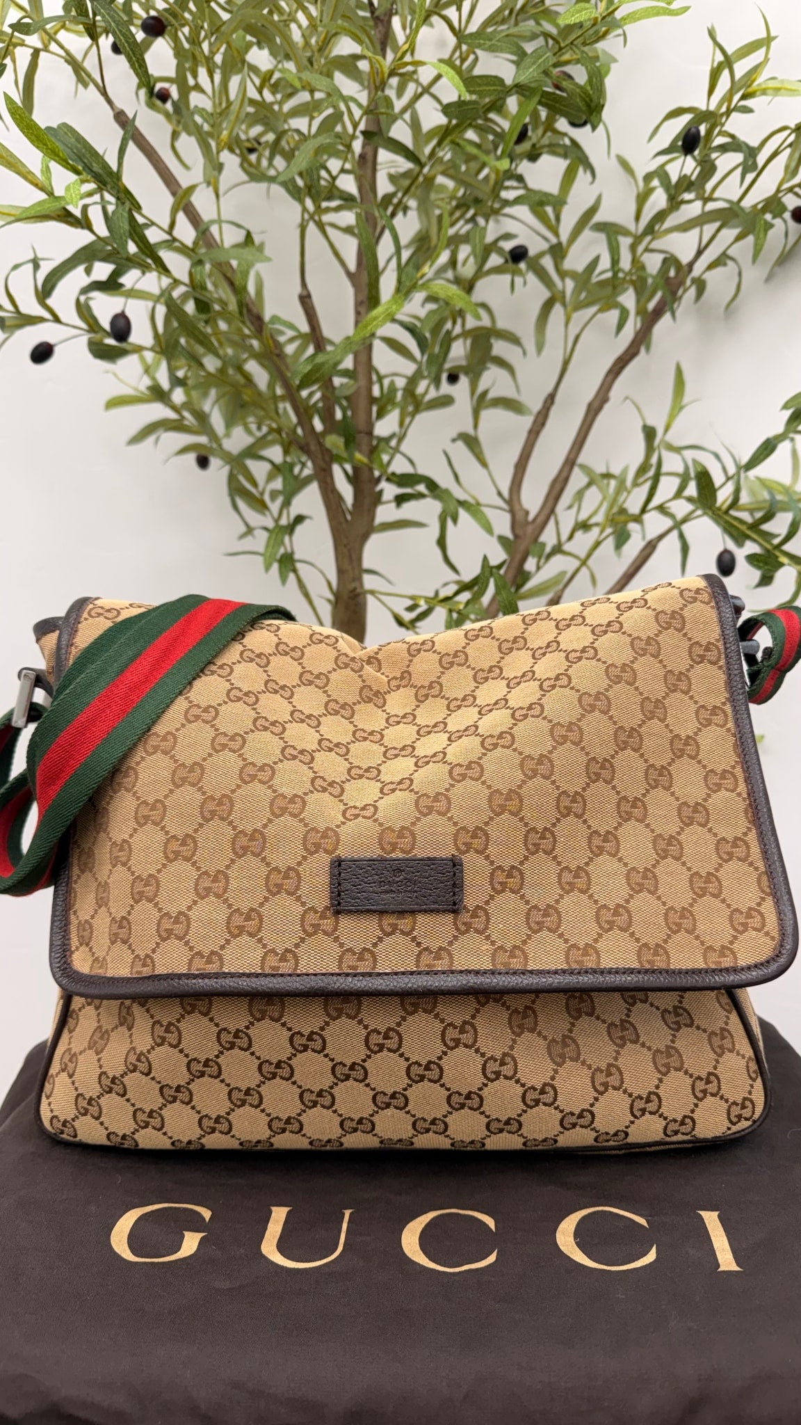 Gucci Monogram Canvas GG Web Flap Messenger Bag