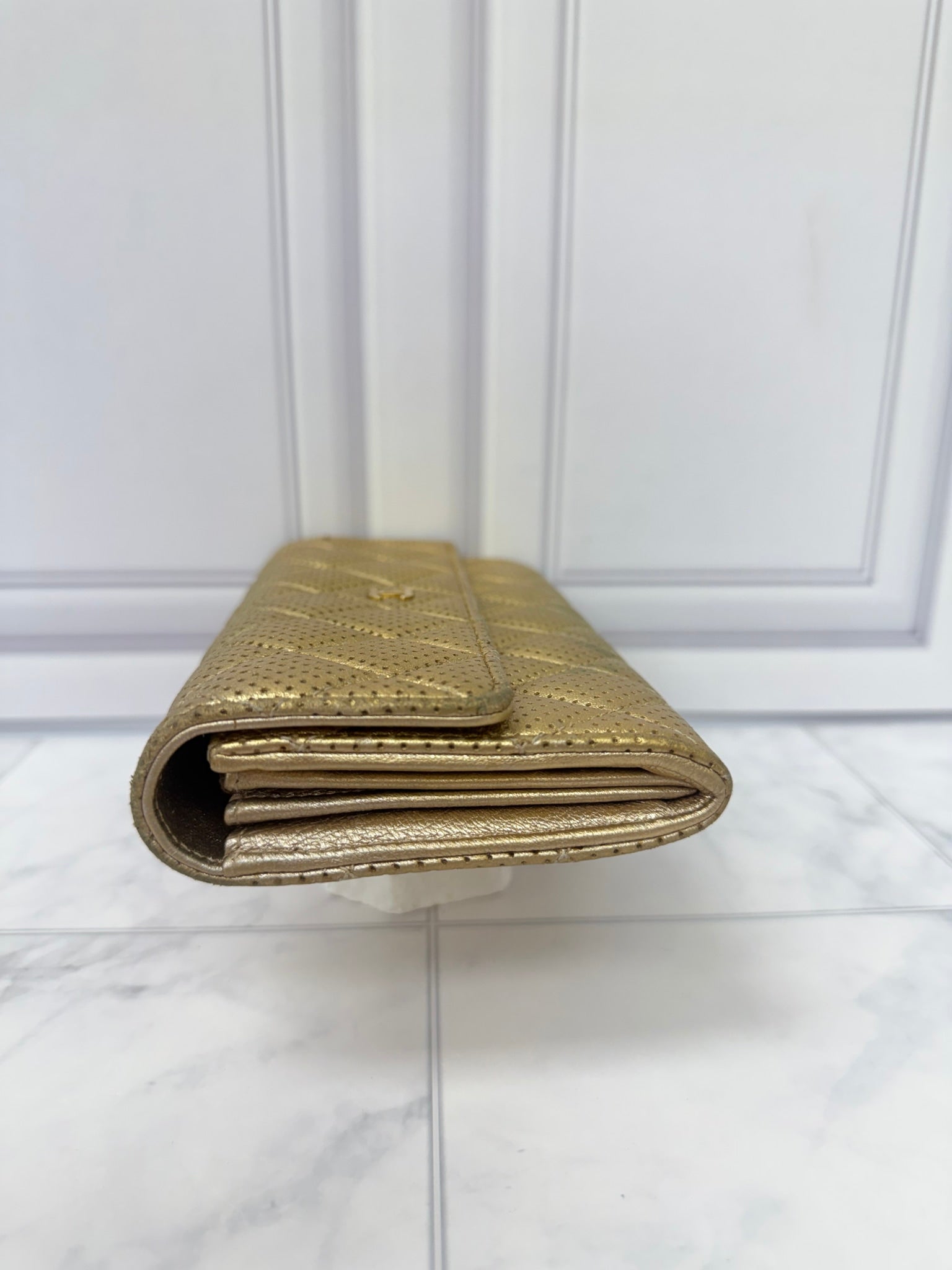 Chanel Gold Perforated Leather Flap Wallet