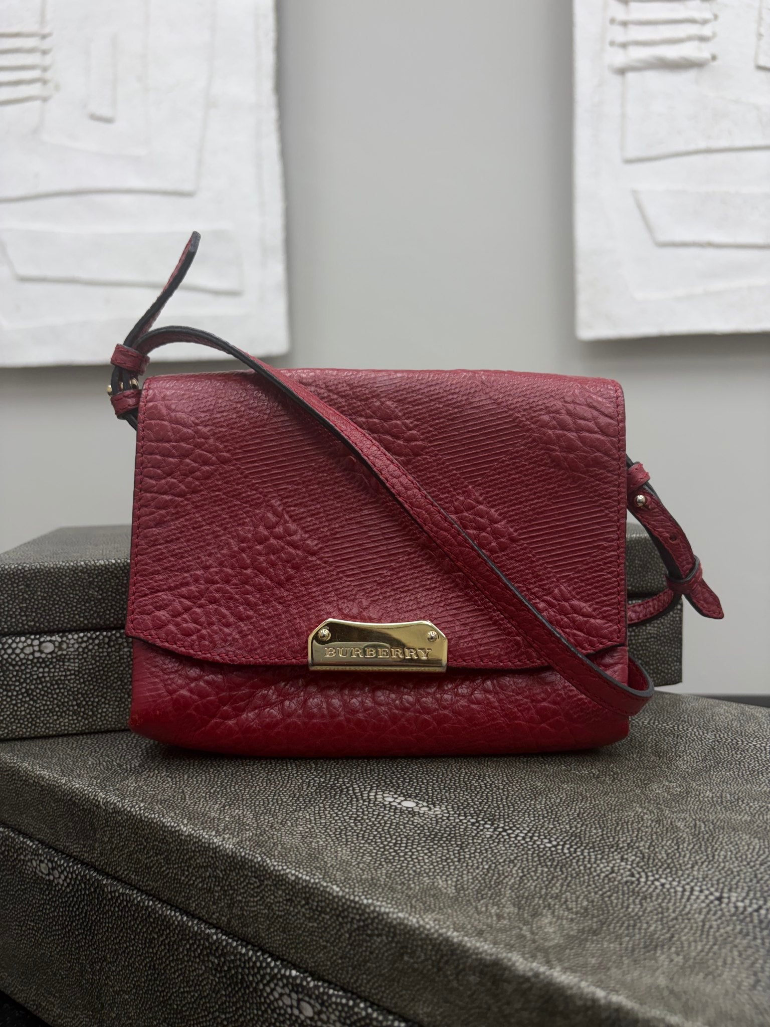 Burberry Red Check Embossed Leather Langley Small Crossbody Bag