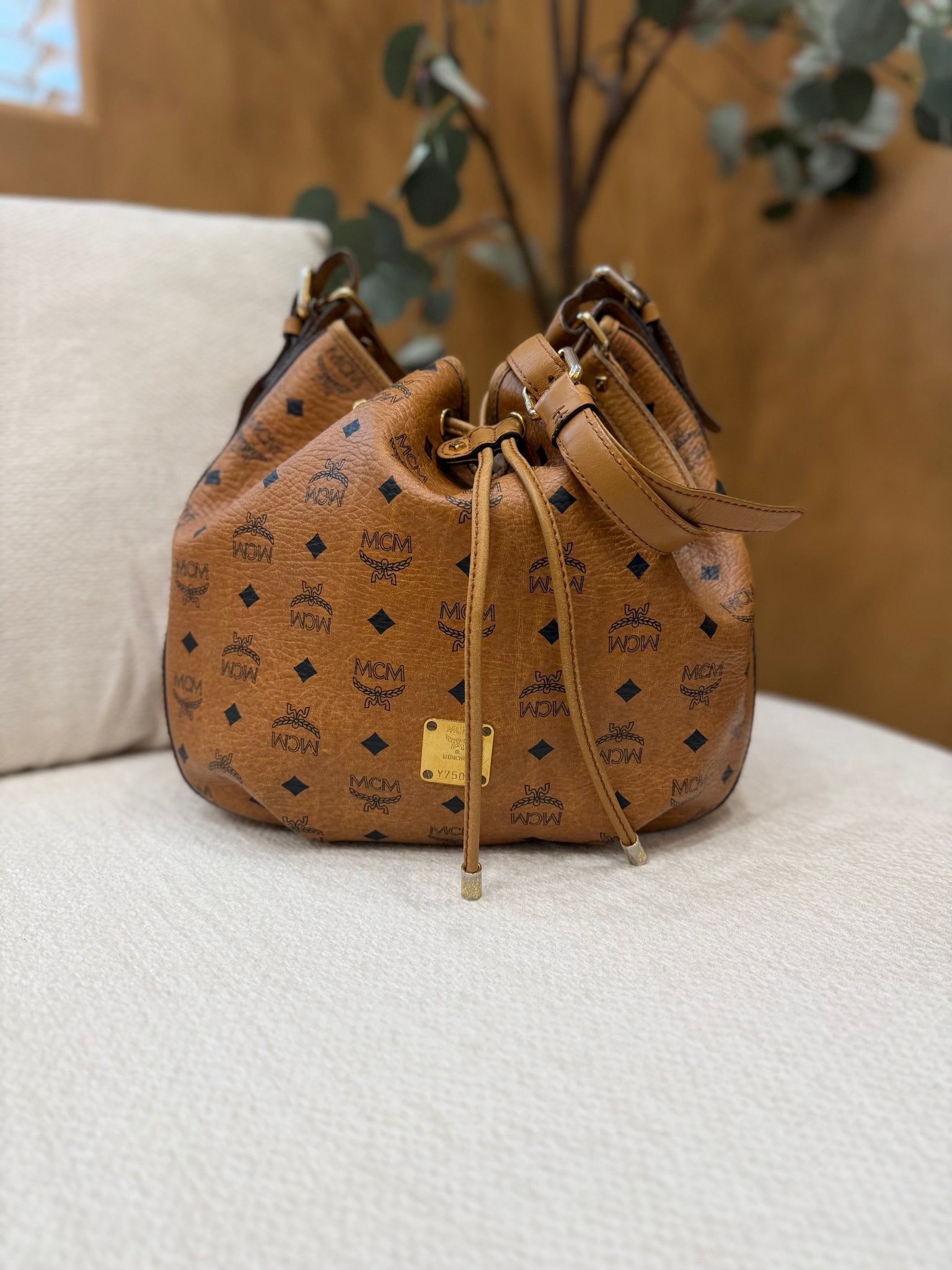MCM Brown Coated Canvas Drawstring Bucket Bag