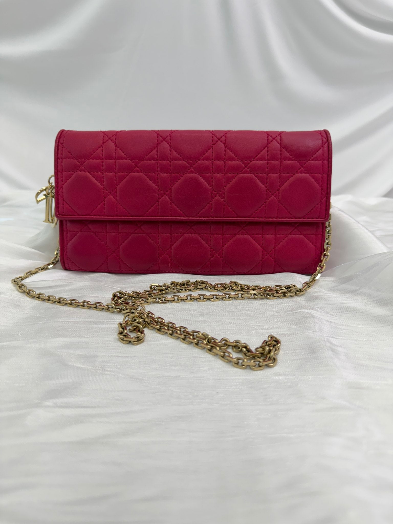 Christian Dior Pink Leather Cannage Crossbody Wallet on a Chain