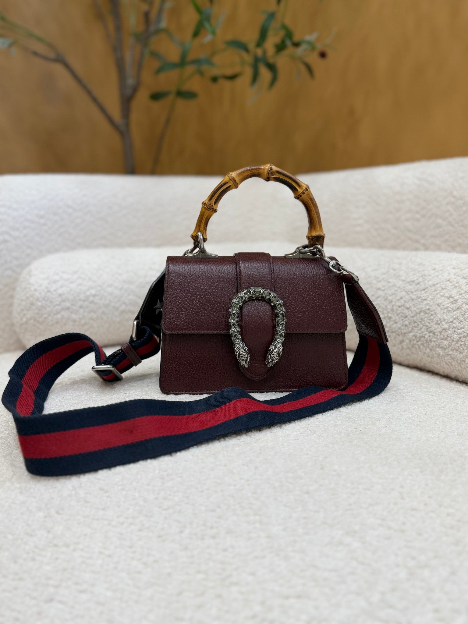 Gucci Burgundy Leather Dionysus Bamboo Top Handle Bag