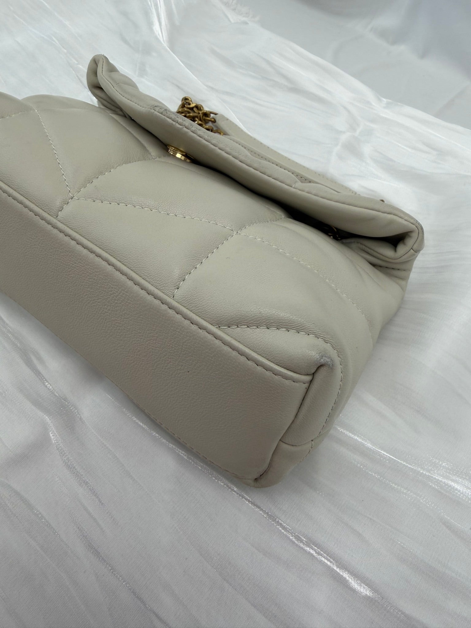 Saint Laurent YSL Beige Lambskin Quilted Toy Loulou Puffer Chain Satchel