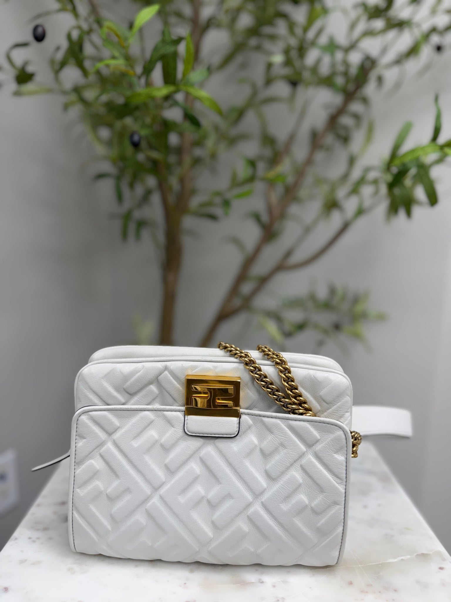Fendi White Embossed Leather Upside Down Zucca Bag