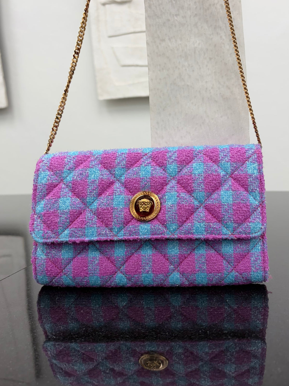 Versace Blue & Purple Tweed Medusa Head Flap Crossbody