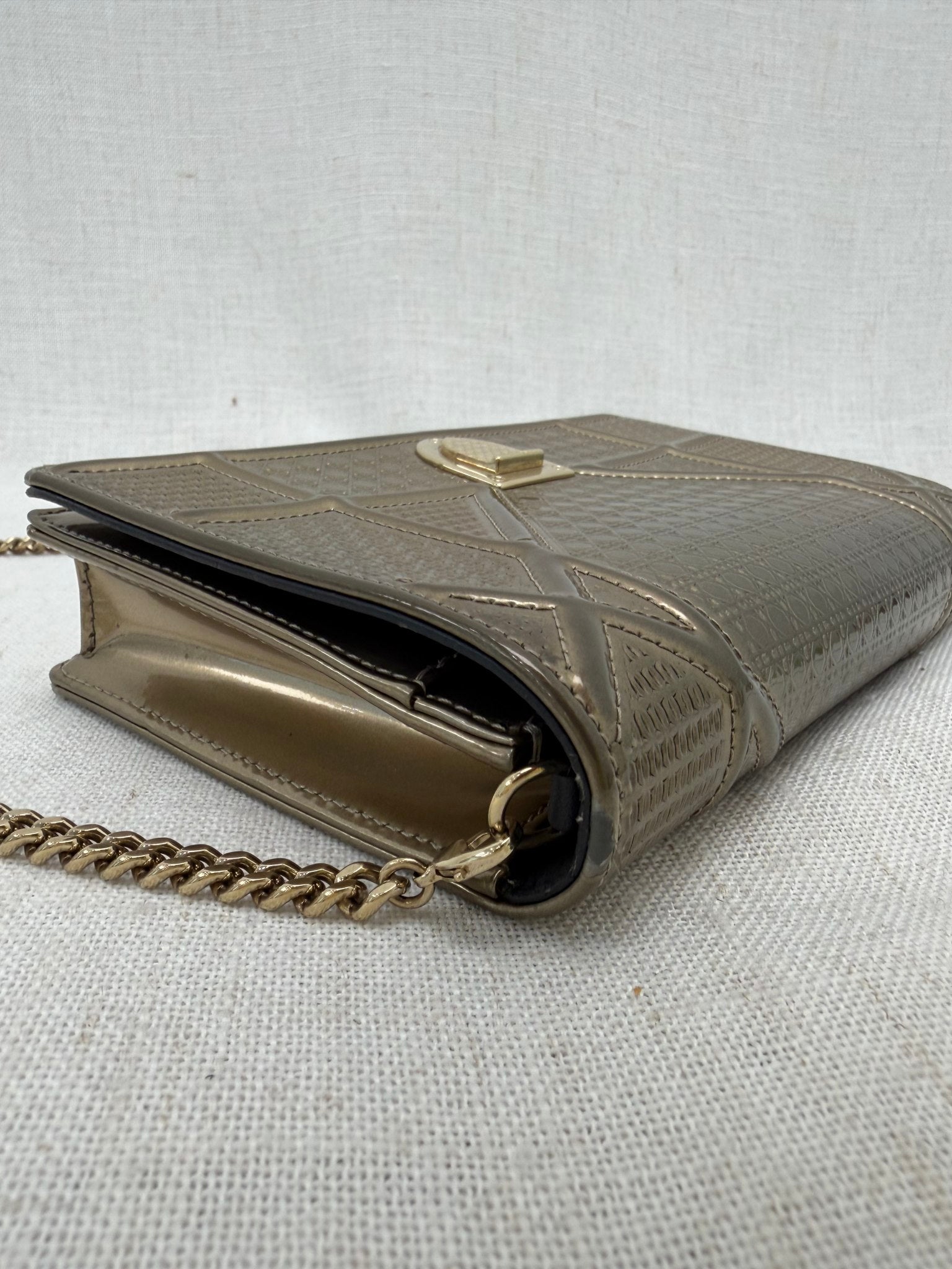 Christian Dior Bronze Patent Leather Microcannage Diorama Wallet on a Chain