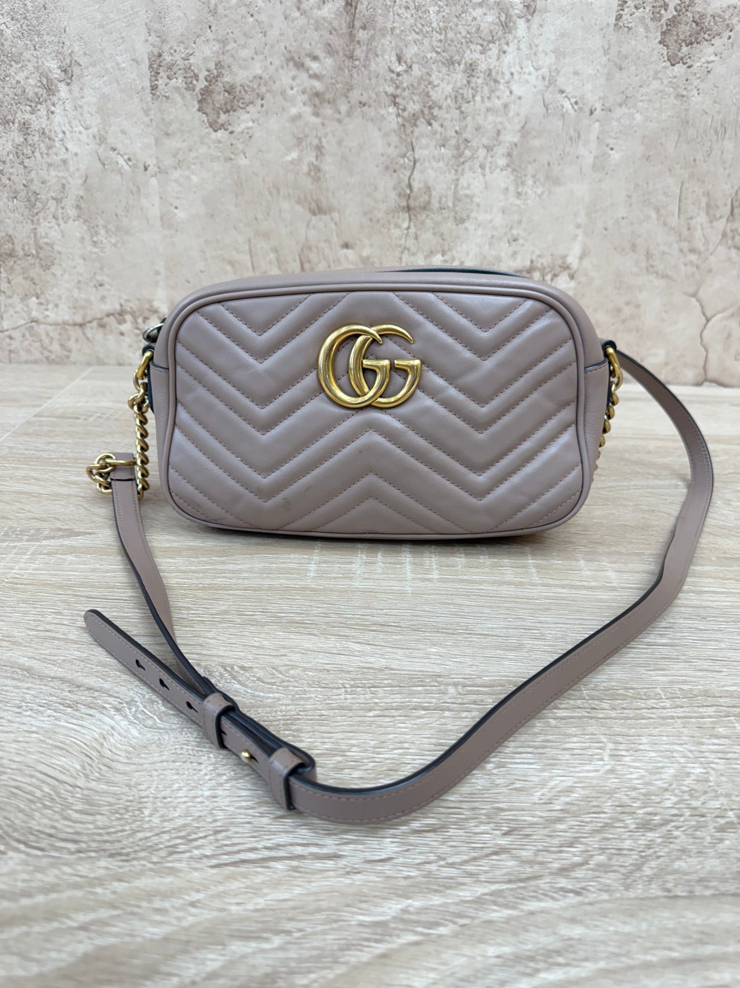 Gucci Porcelain Rose Calfskin Small Marmont Chain Shoulder Bag