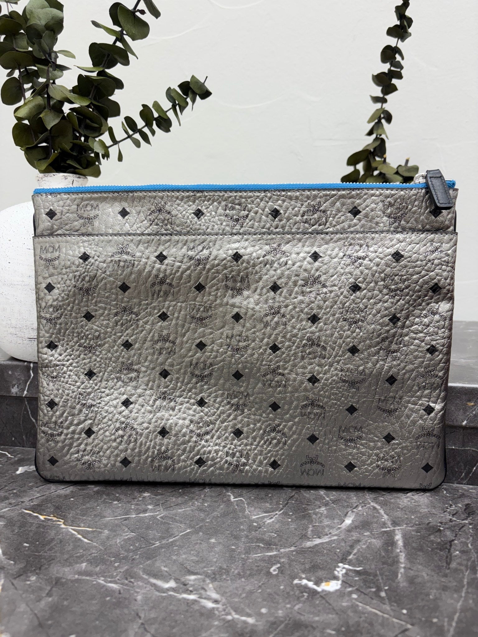 MCM Silver Visetos Bunny Print Clutch