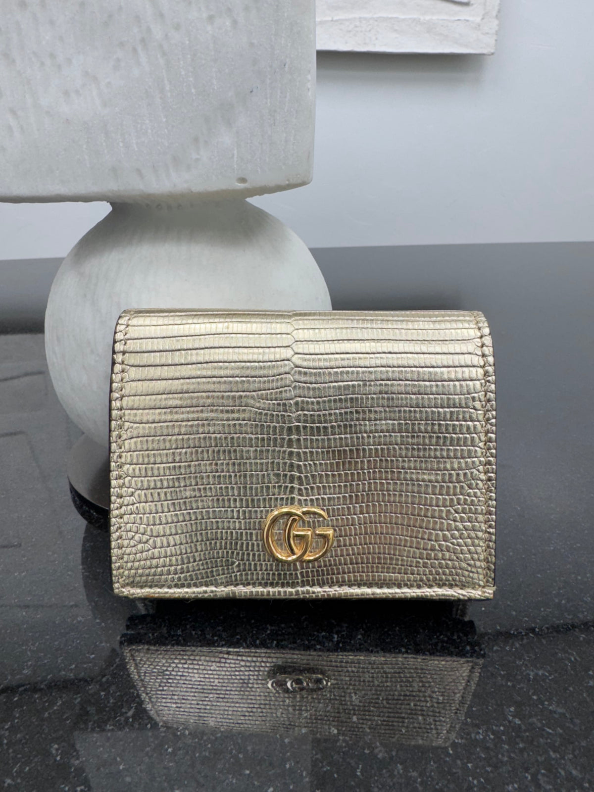 Gucci Gold Lizard Embossed Leather GG Marmont Compact Wallet