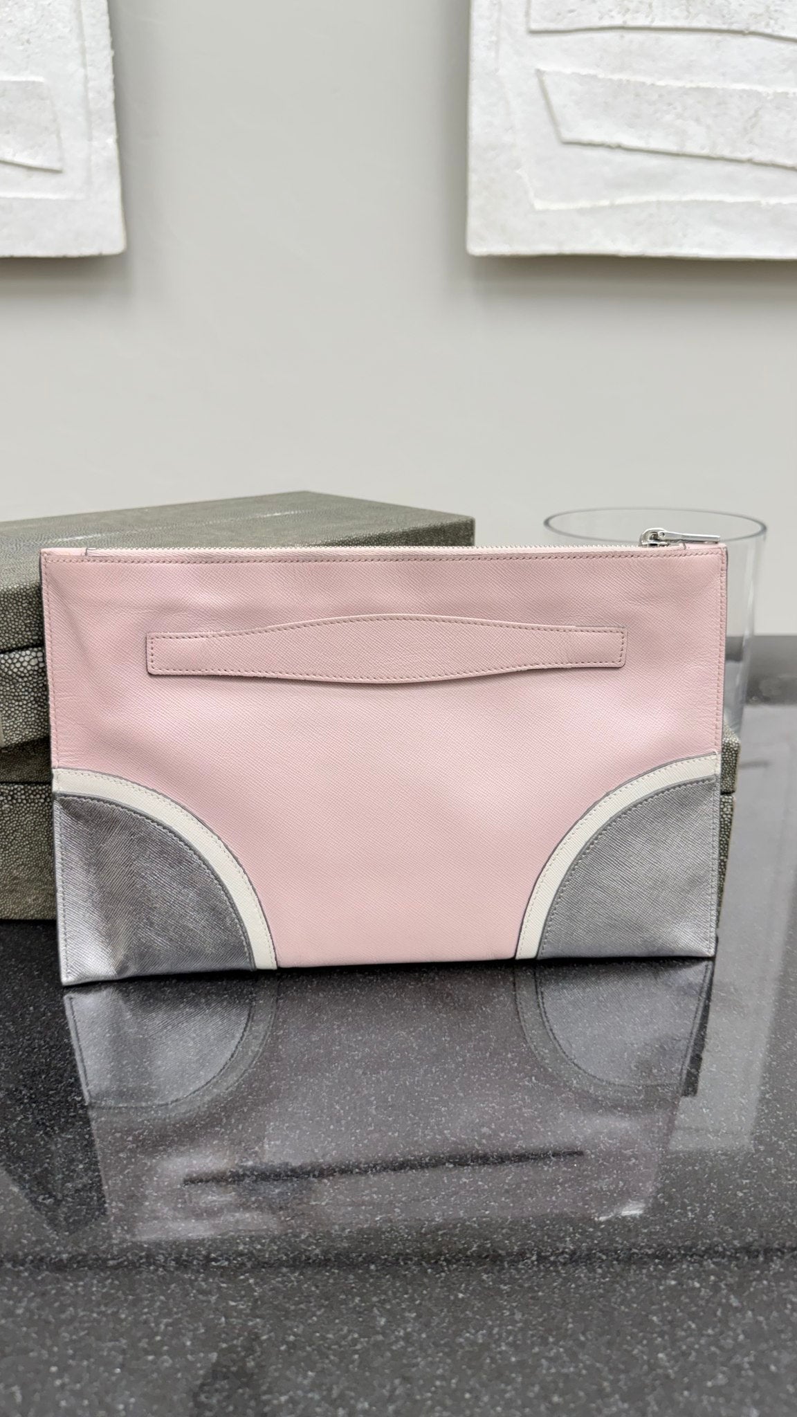 Prada Pink Tricolor Saffiano Leather Zipper Clutch