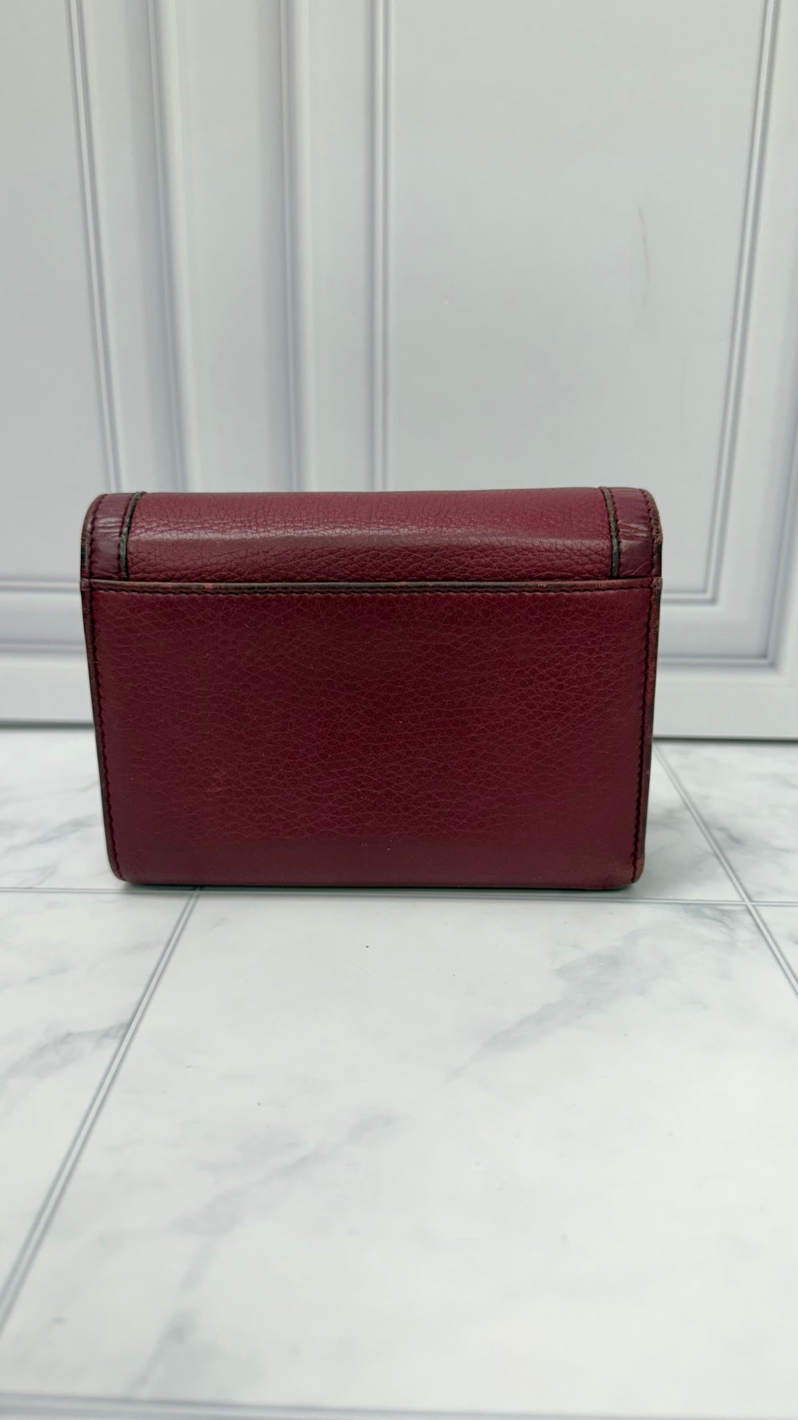 Gucci Burgundy Grained Leather Bamboo Trifold Wallet