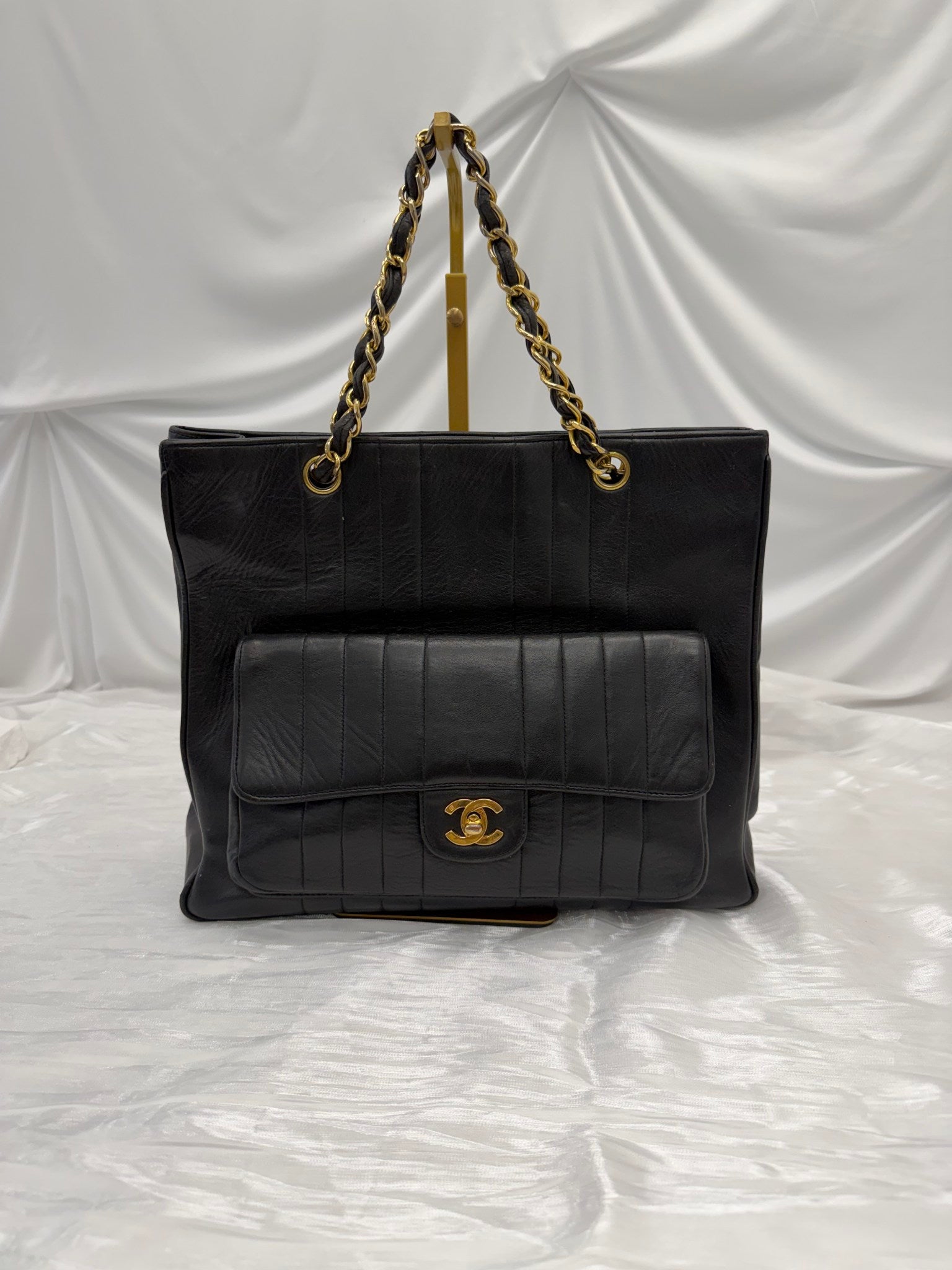 Chanel Black Leather Vertical Striped Mademoiselle Tote