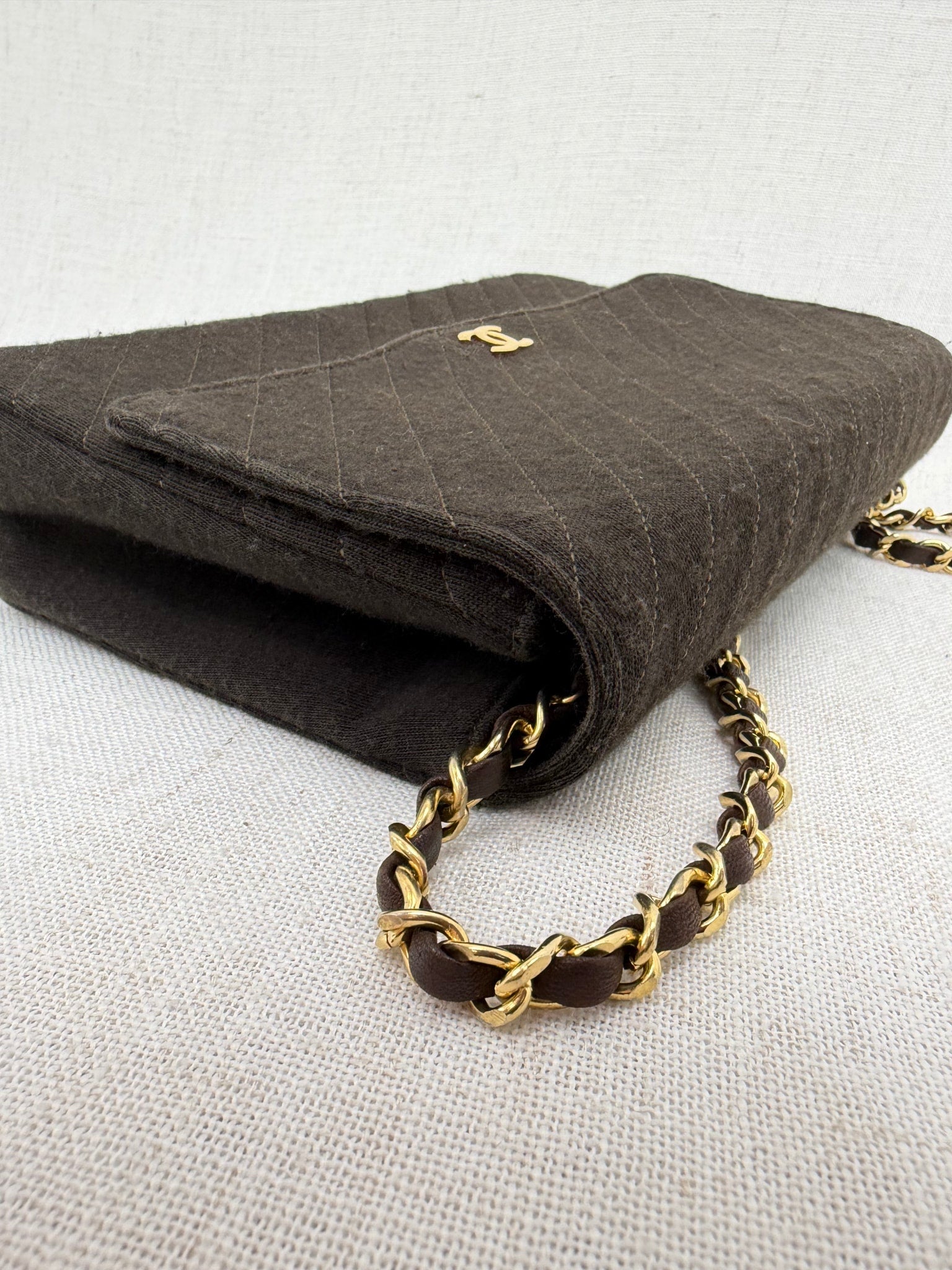 Chanel Chocolate Brown Diaginal Quilted Jersey Knit 24K Small Single Flap Bag