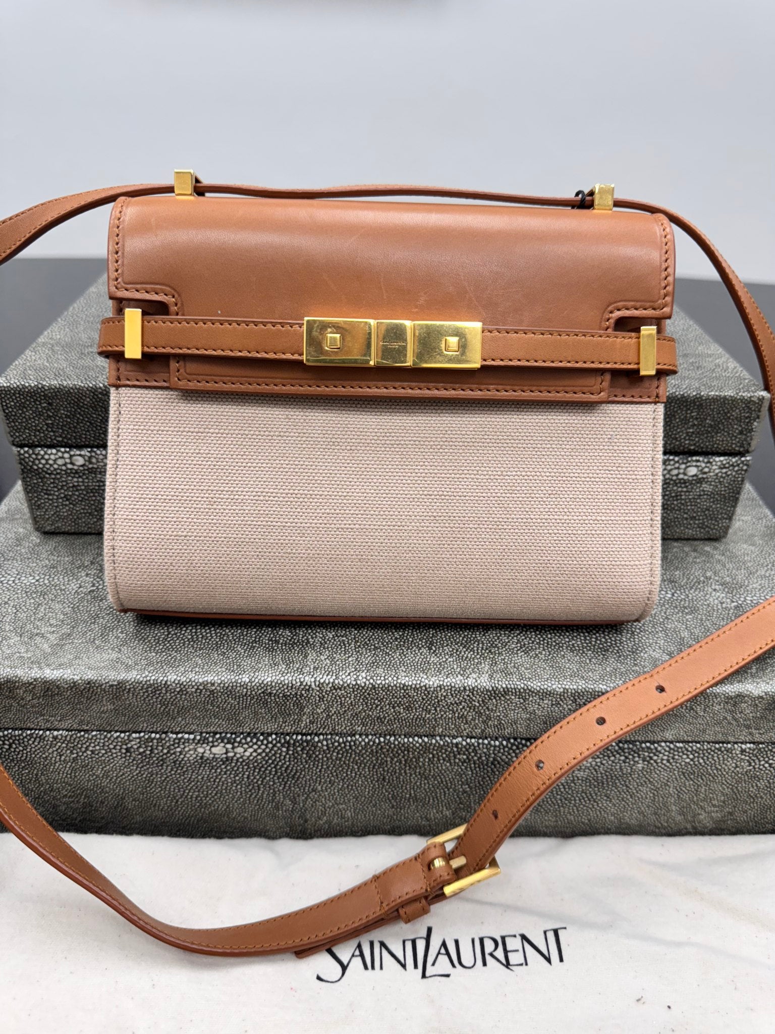 Saint Laurent YSL Brown Canvas Manhattan Nano Crossbody