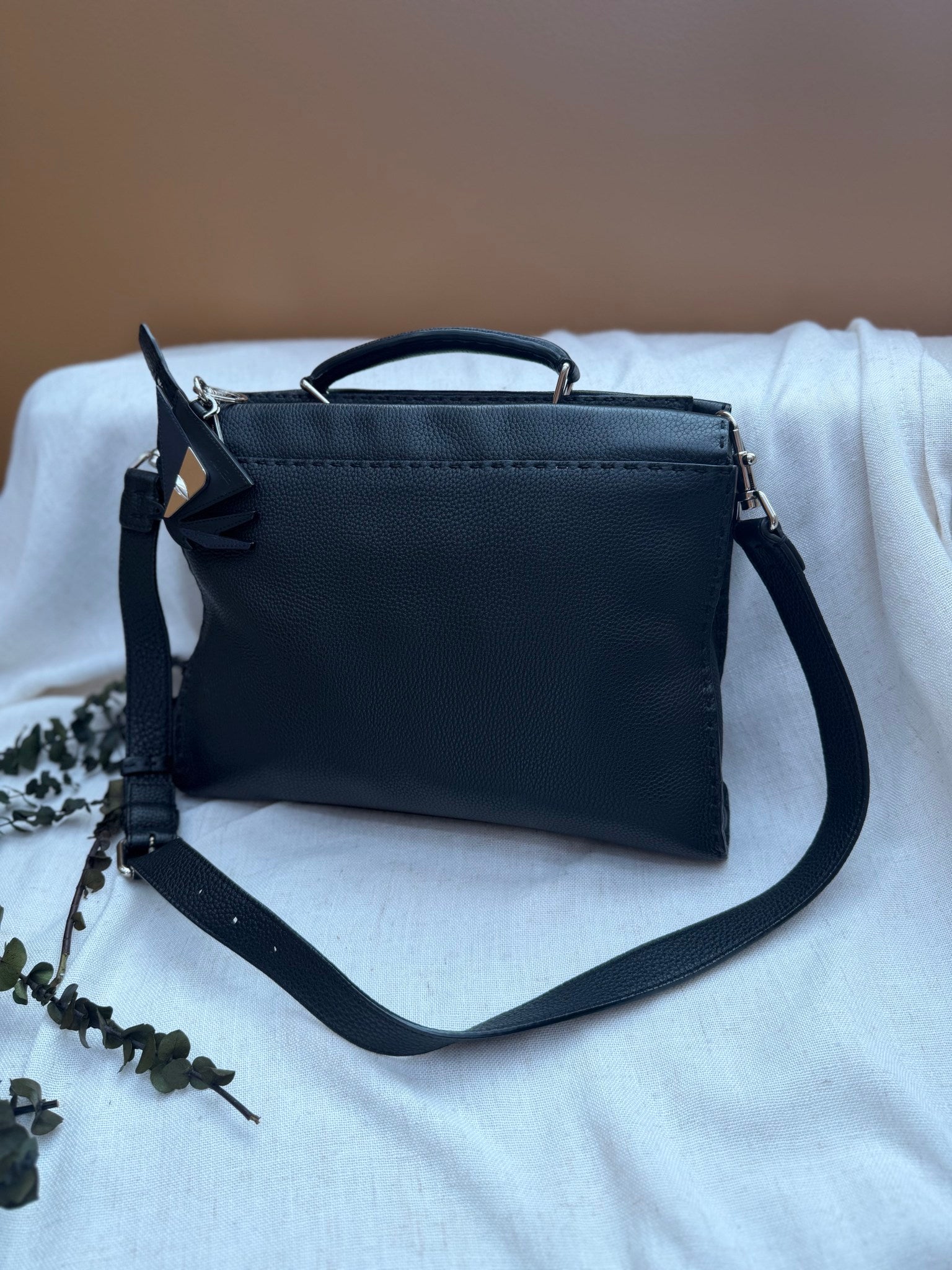 Fendi Black Pebbled Leather Peekaboo Business Bag