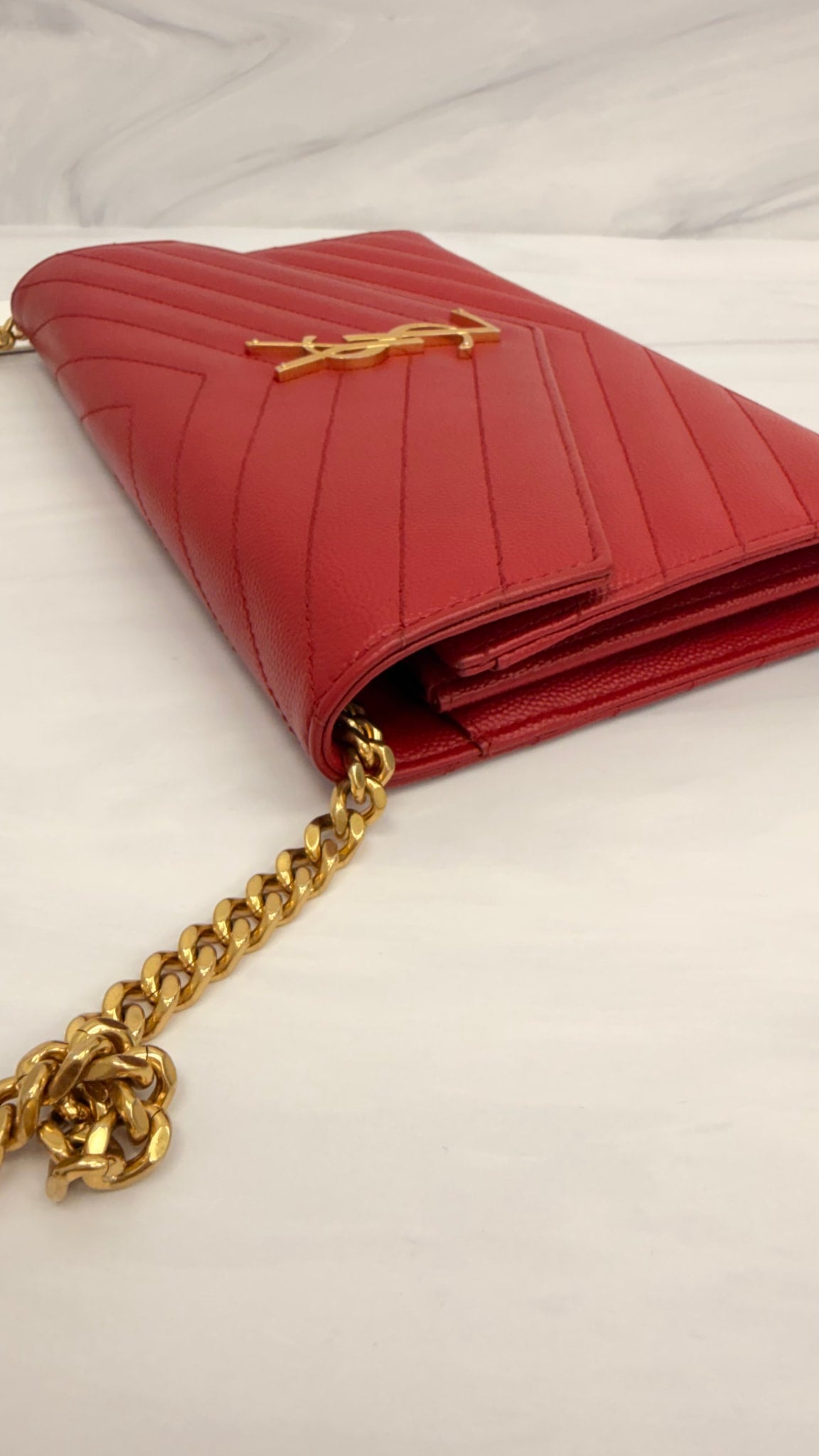 Saint Laurent YSL Red Grained Leather Wallet on A Chain