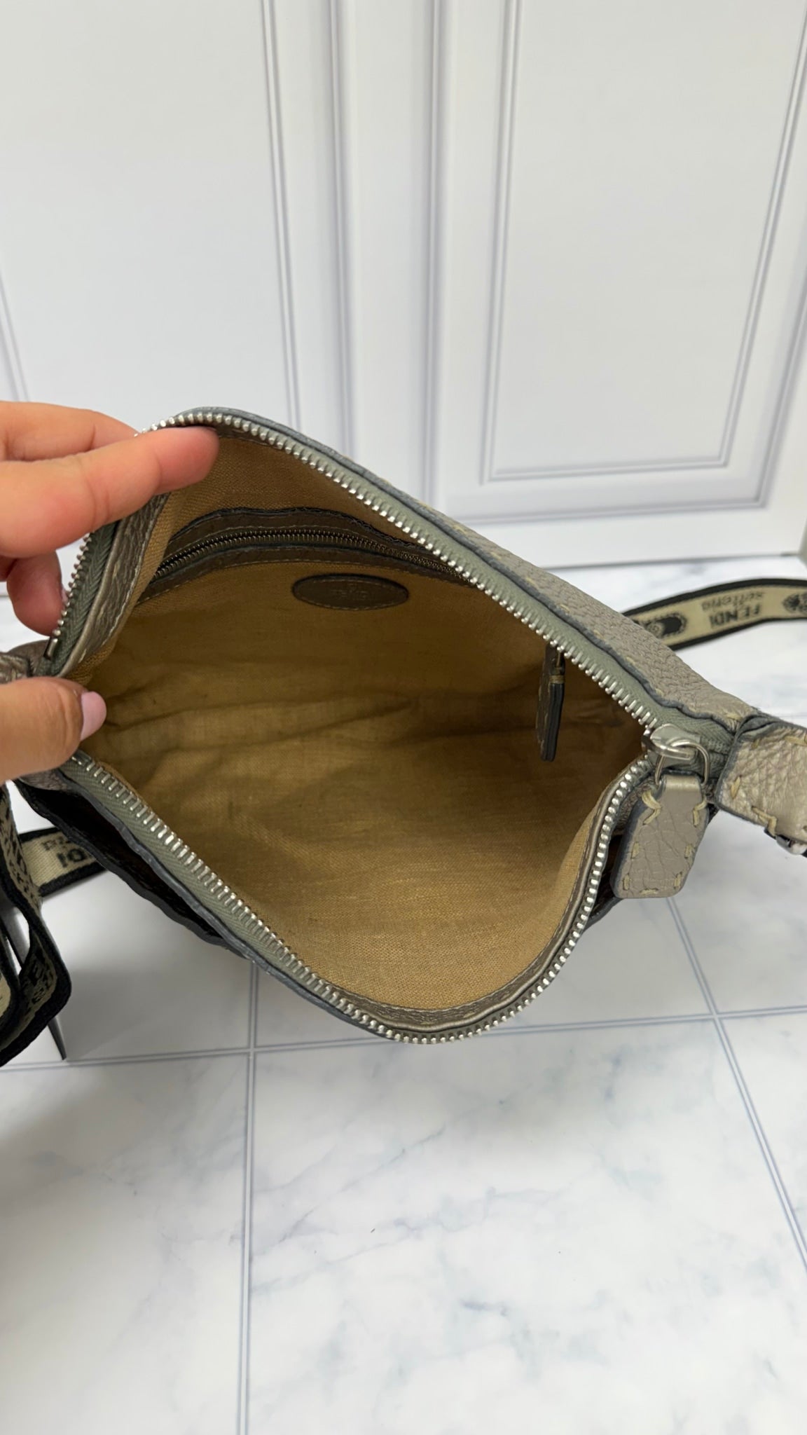 Fendi Grey Grained Leather Selleria Crossbody Bag
