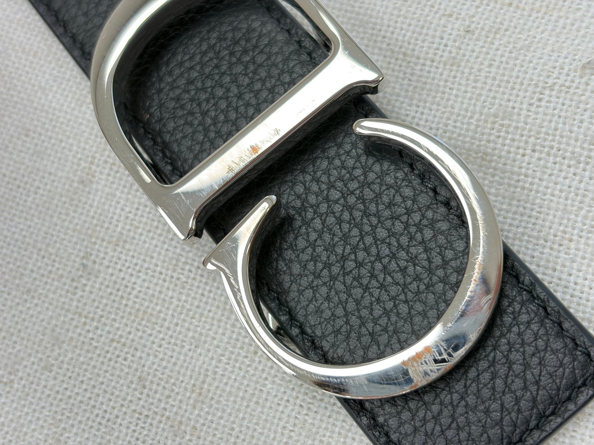 Christian Dior Black Leather Silver CD Belt