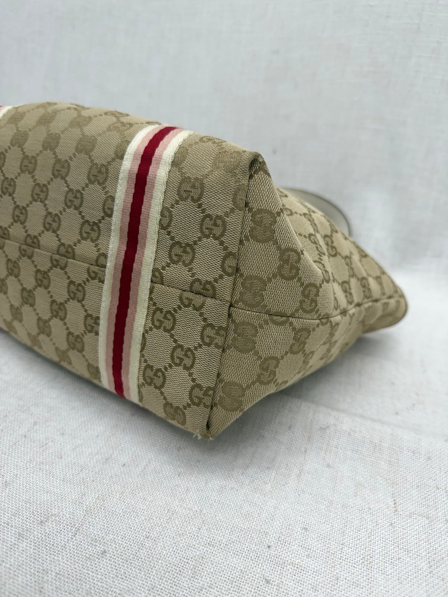 Gucci Beige GG Canvas & Pink Web Straps Shoulder Tote