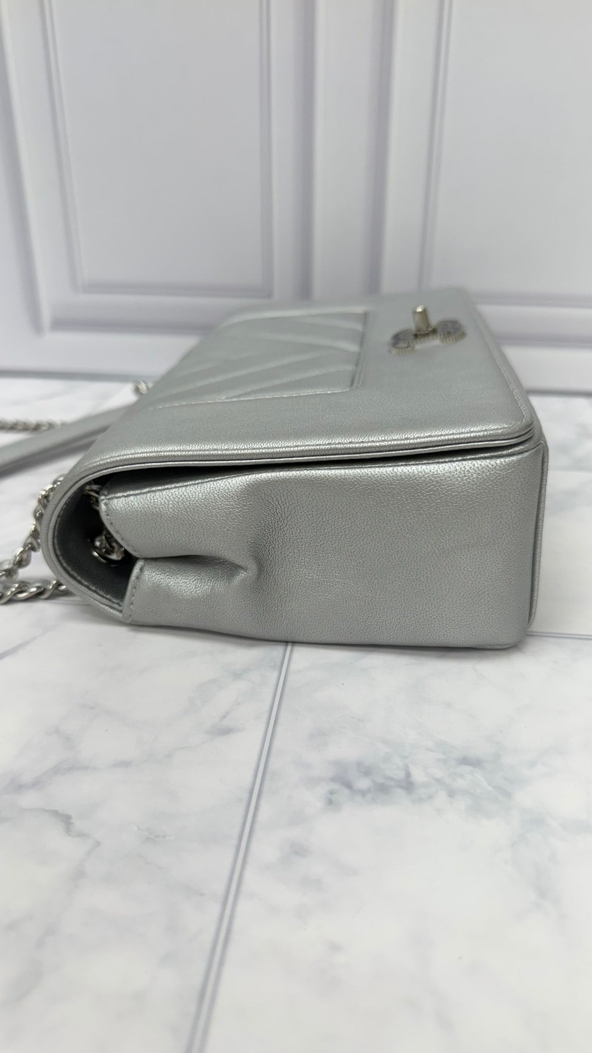 Chanel Silver Leather Mademoiselle Medium Double Flap Bag