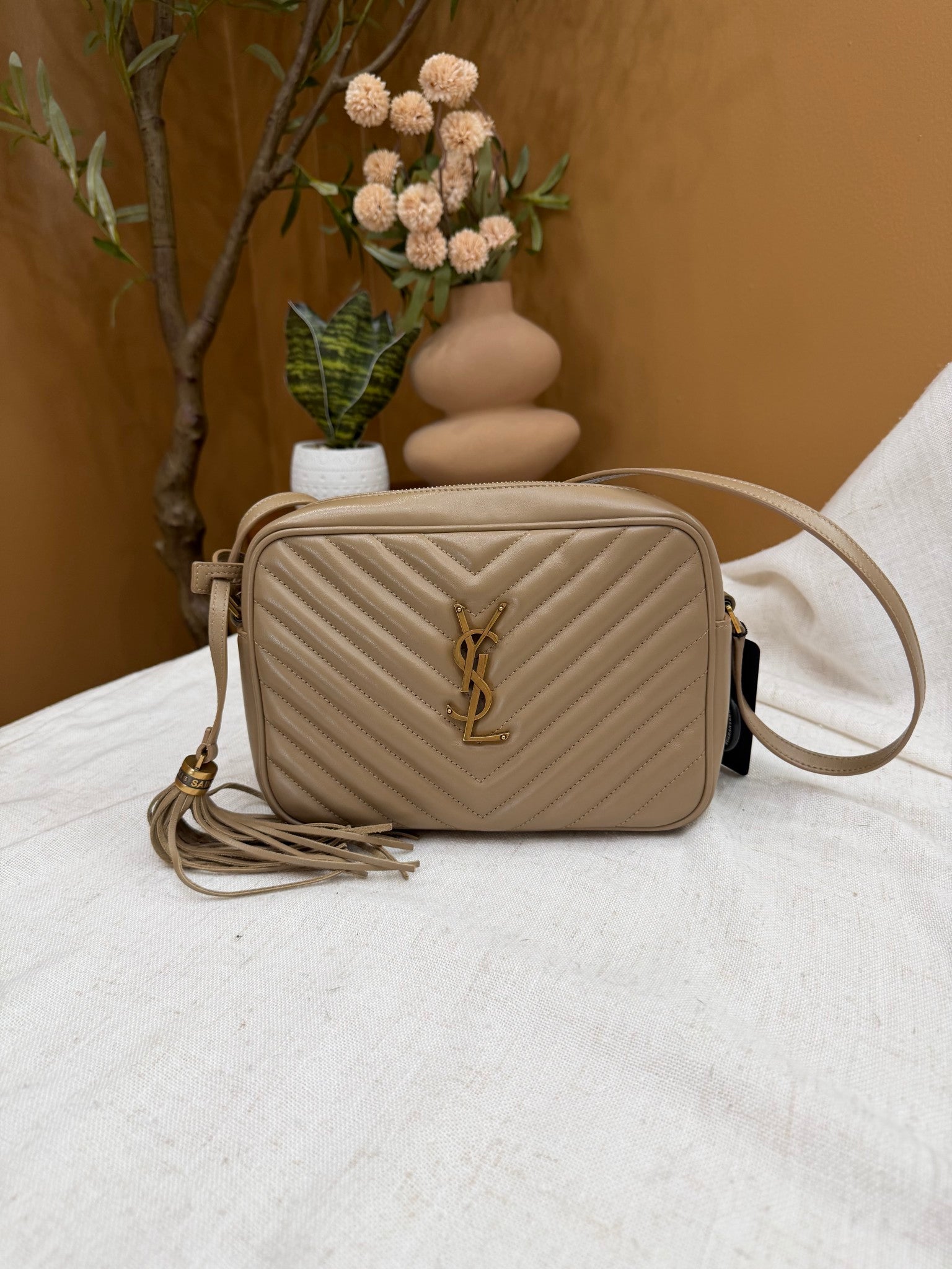 Saint Laurent YSL Beige Quilted Leather Crossbody Bag