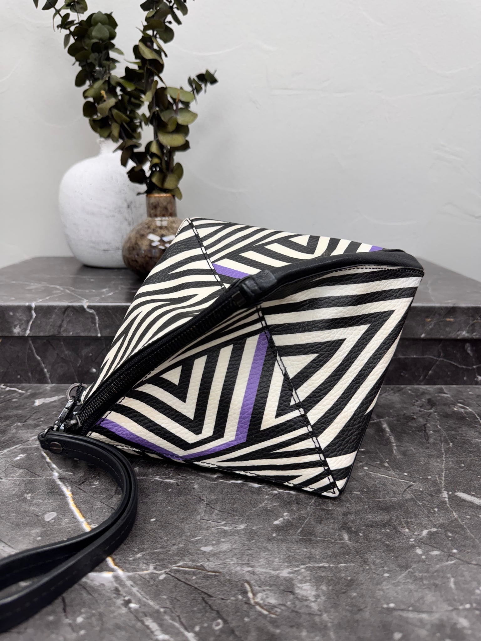 MCM Black, White, And Purple Coated Canvas Limited Edition Tobias Rehberger Clutch