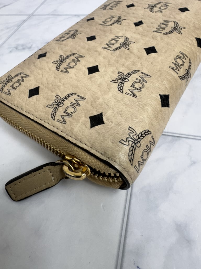 MCM Beige Visetos Monogram Leather Zippy Wallet