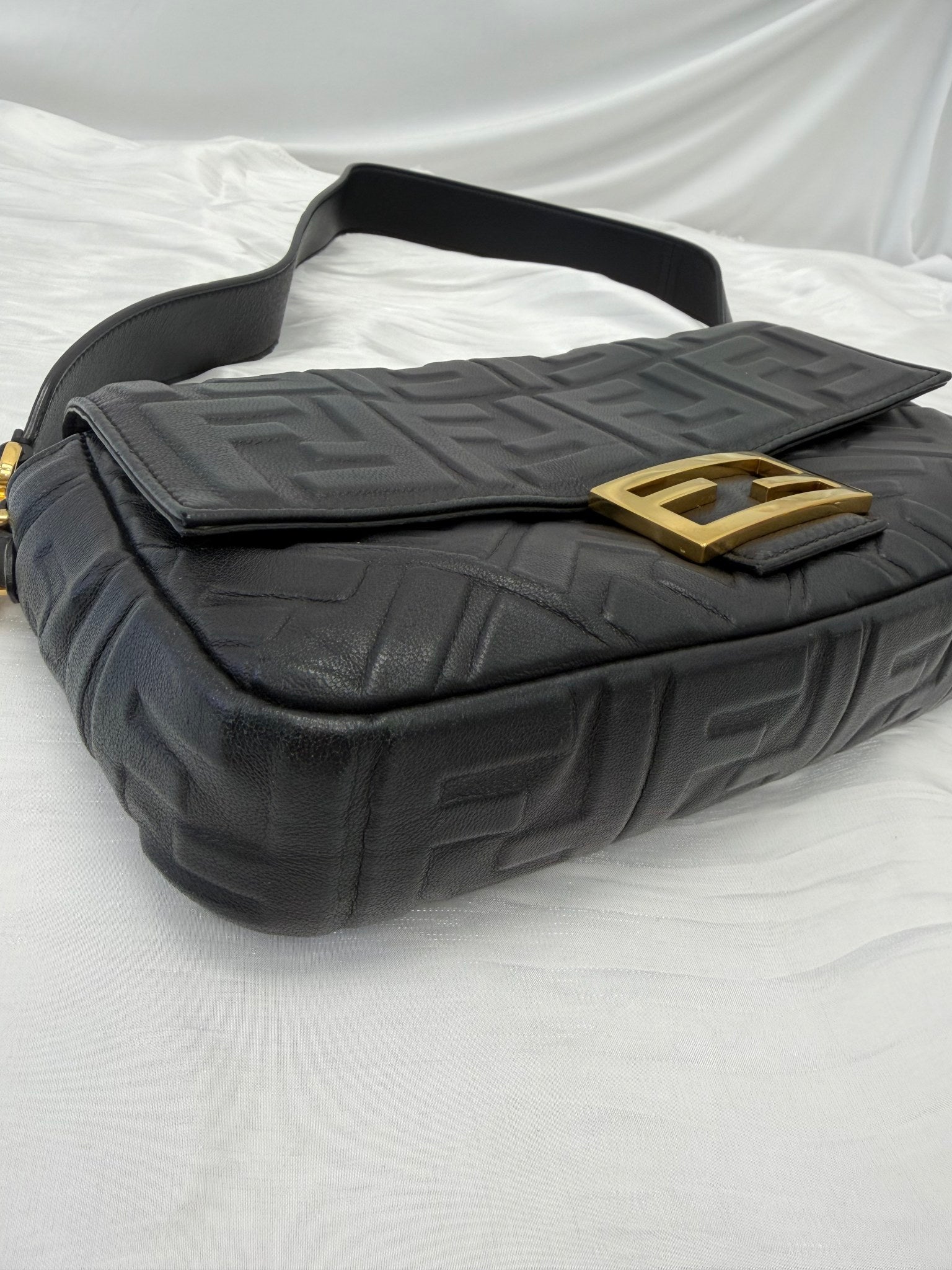 Fendi Black Embossed Nappa Leather FF Baguette Shoulder Bag