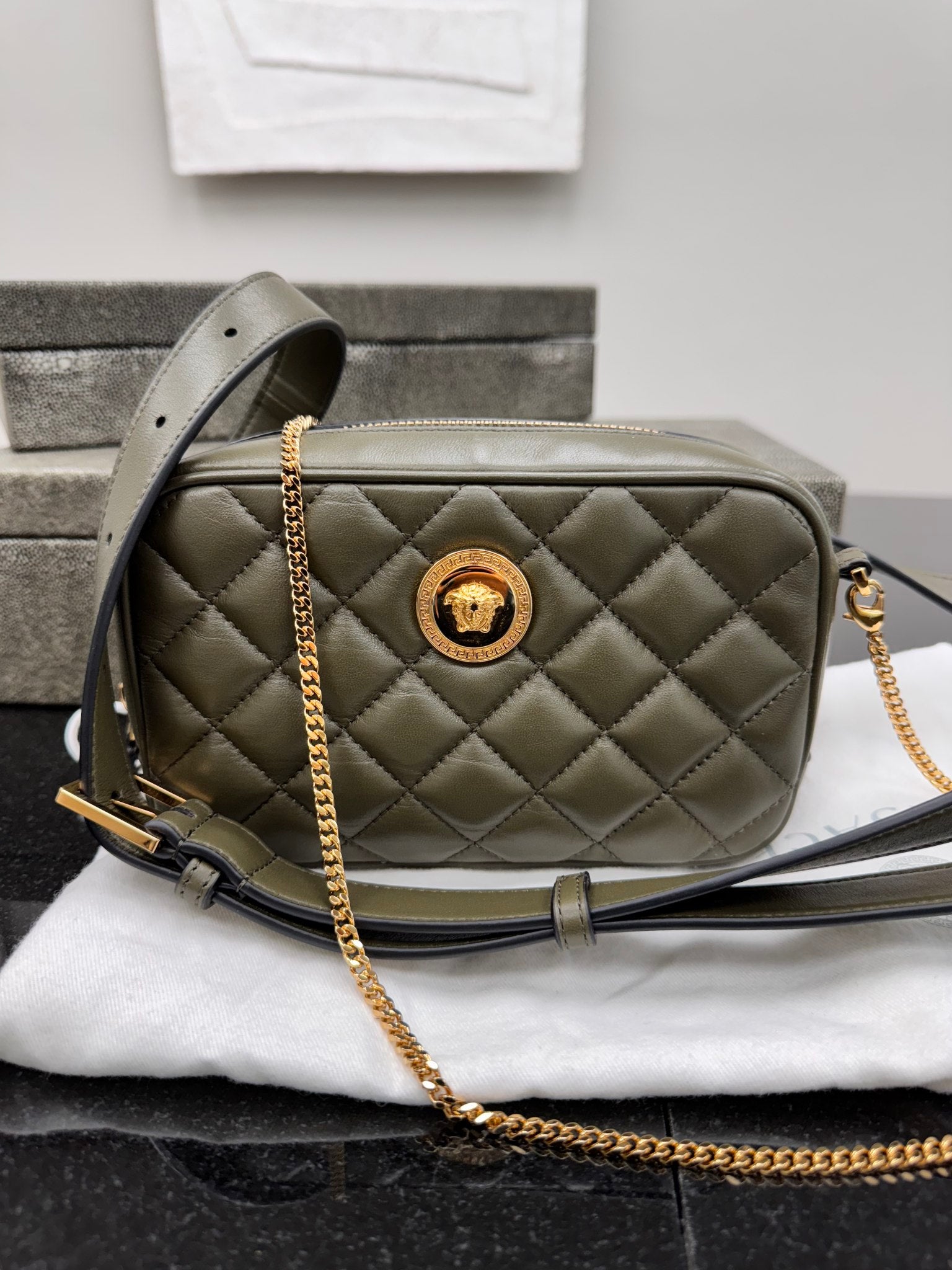 Versace Dark Green Quilted Leather Medusa Head Belt Bag