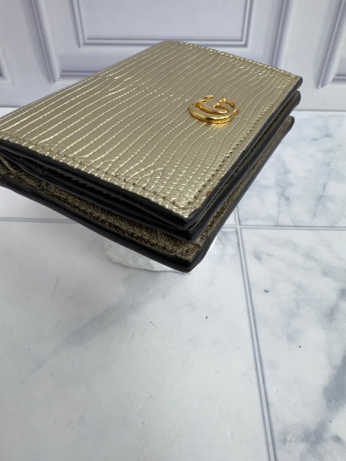 Gucci Gold Lizard Embossed Leather GG Marmont Compact Wallet