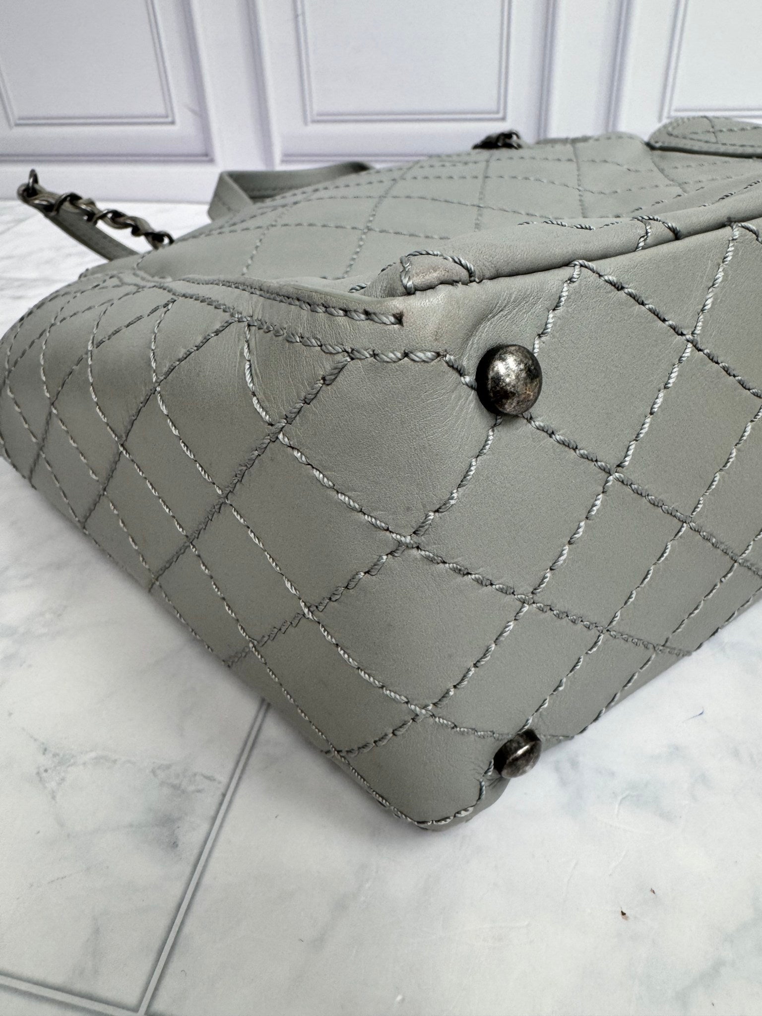 Chanel Grey Diamond Quilted CC Pocket Small Tote Bag