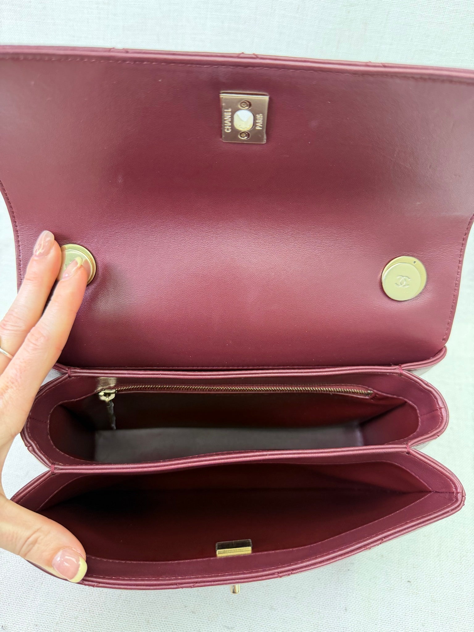 BRAND NEW- Chanel Oxblood Quilted Lambskin Small Trendy CC Top Handle Flap Bag