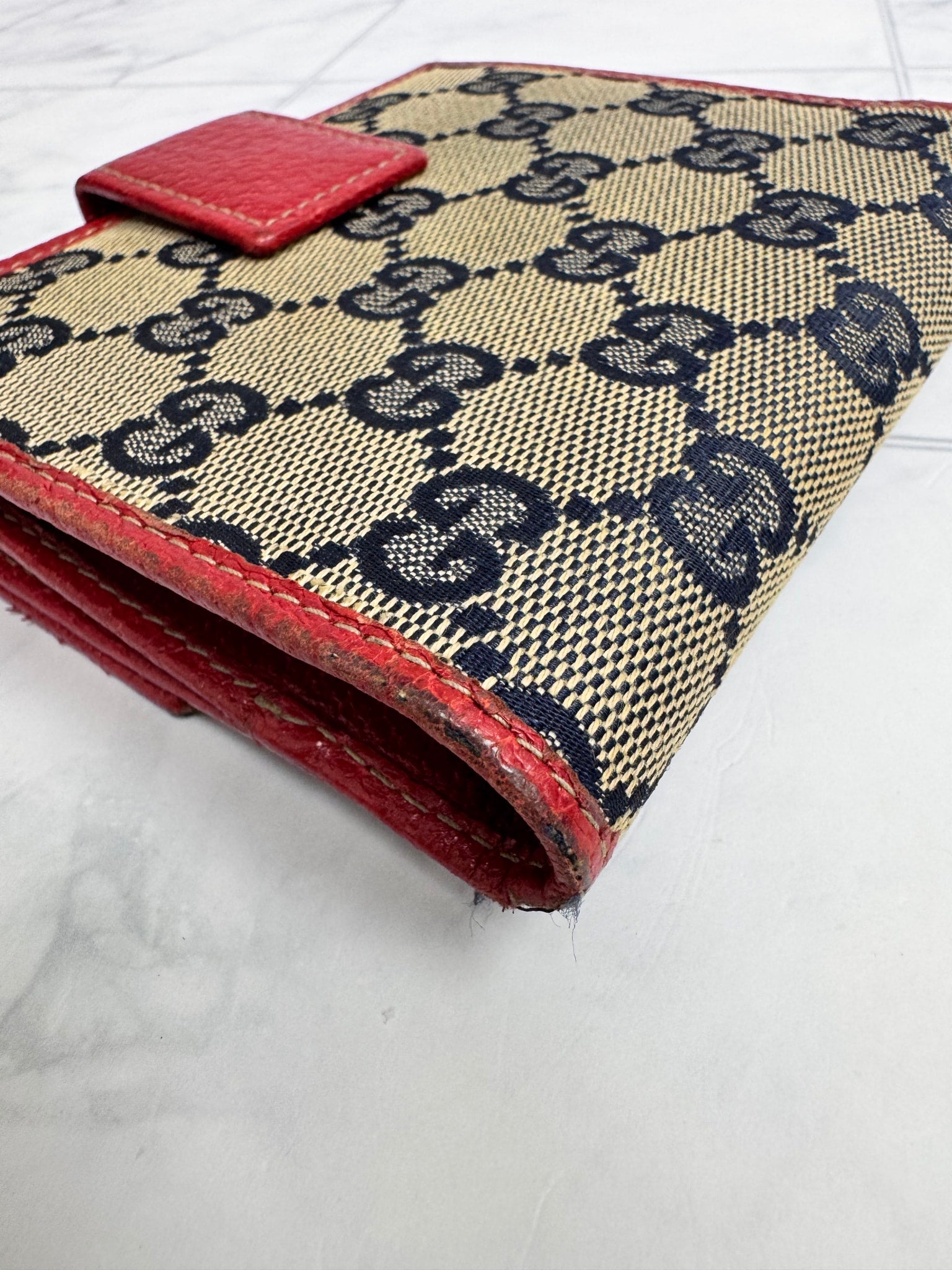 Gucci Blue GG Canvas And Red Trim Compact Wallet