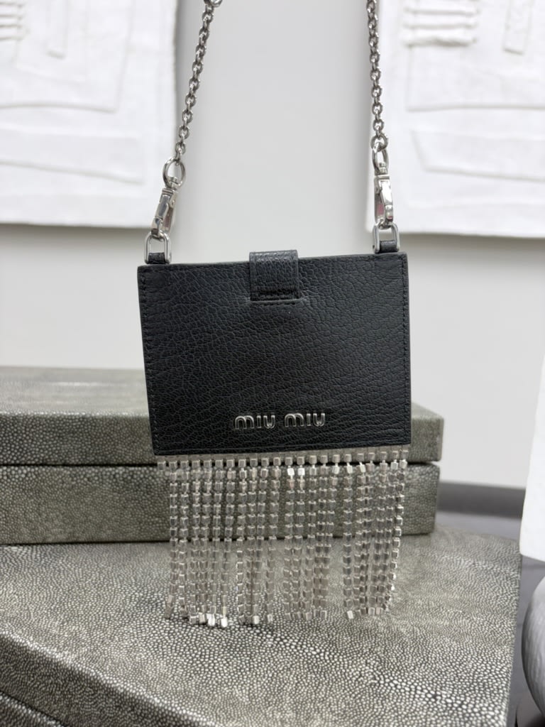 Miu Miu Black Leather Crystal Fringe Cardholder Crossbody